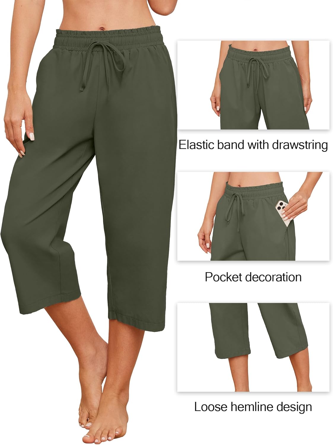 Larmliss Womens Capri Pants Casual Wide Leg Drawstring Elastic Waist Loose Lounge Cropped Pants with Pockets - Image 6