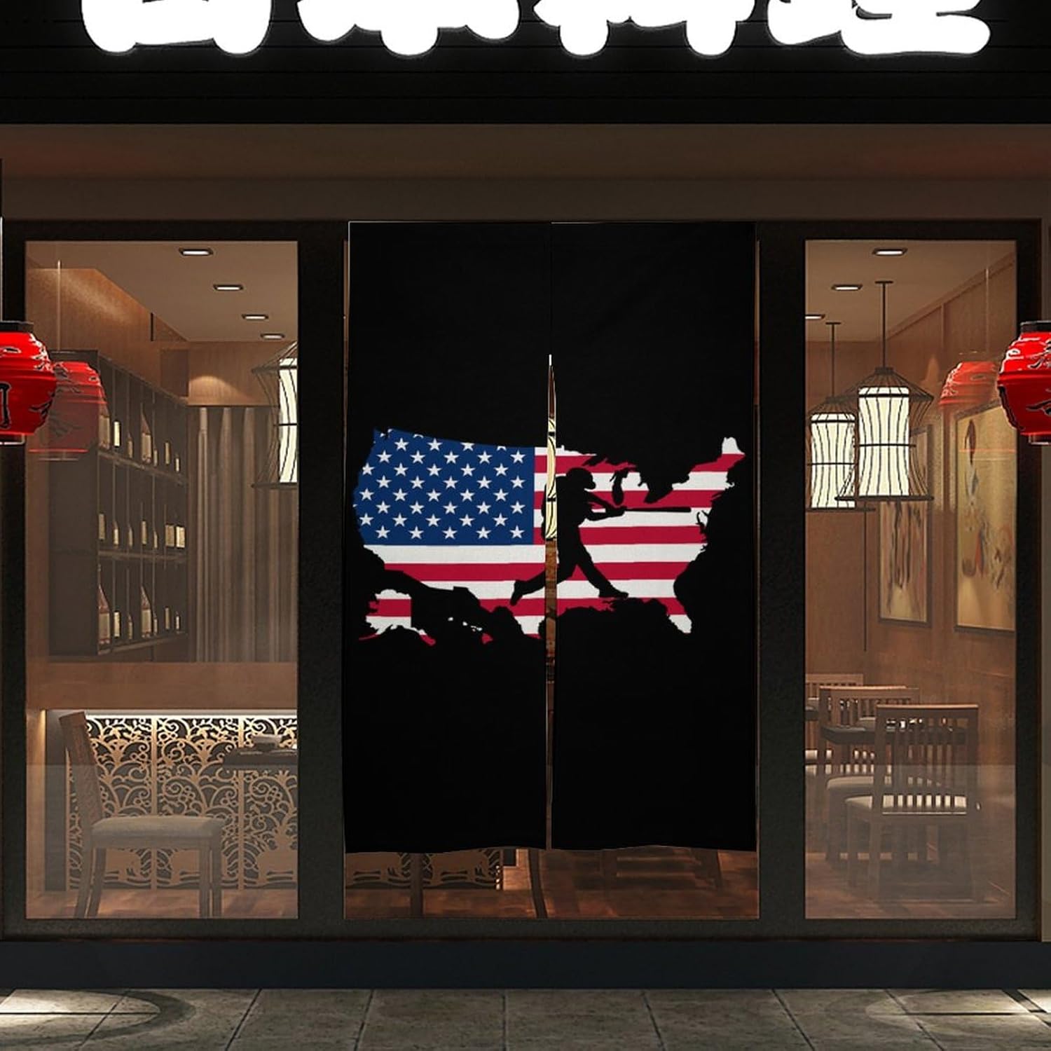 U.S.A Map Flag Baseball Player Fashion Door Curtains WC Partition Curtain for Kitchen Store 57×17 Inches