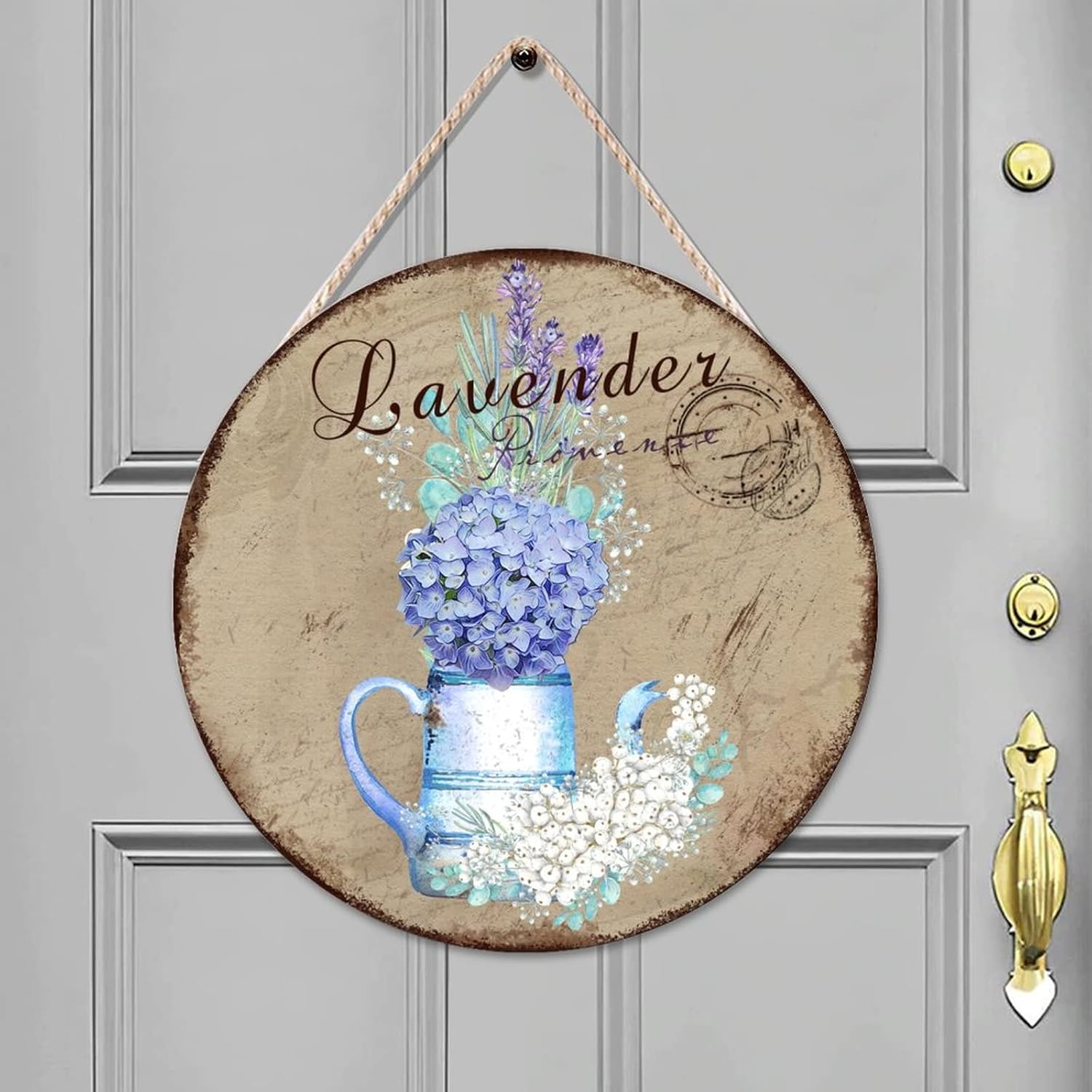 Custom Calligraphy Wall Hanging Sign Plaque, Lavender Wood Door Sign, Vintage 16x16in Front Door Round Wood Sign Farmhouse Backyard Door Hanger Wall Decor Housewarming Gifts