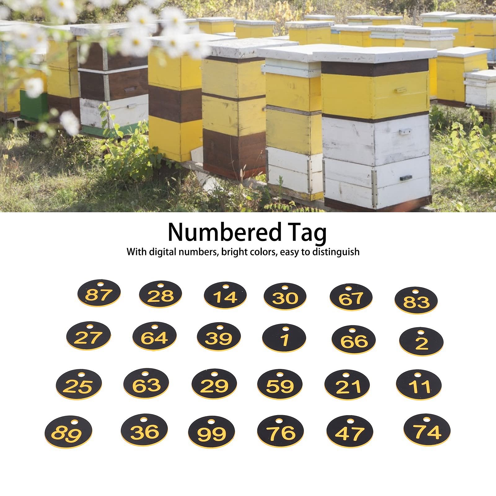 QANYEGN 100Pcs Round Number Tag, Beehive Sign Tags, Hive Tracking Marker Labels for Identification and Management (Black and Yellow)