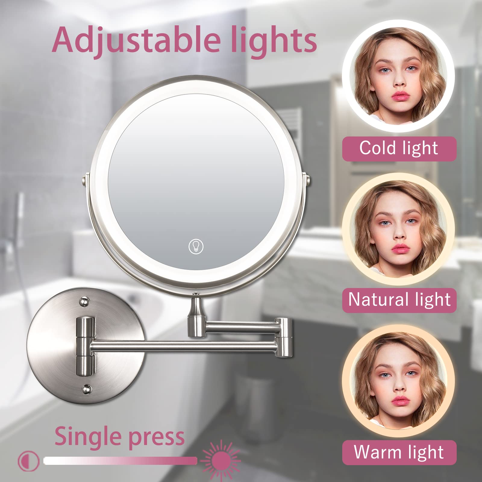 Lusterko do makijażu 20 cm, zamontowane na ścianie, USB, ładowalne, LED, 3-kolorowe światła, dwustronne, powiększenie 1X/10X, lustro powiększające, przełącznik dotykowy, inteligentne