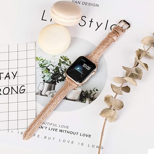 Miniatura 2 de Wearlizer - Correa de repuesto de piel fina con purpurina compatible con correas de Apple Watch de 1.496in, 1.575in, 1.654in, 1.732in, para mujer,