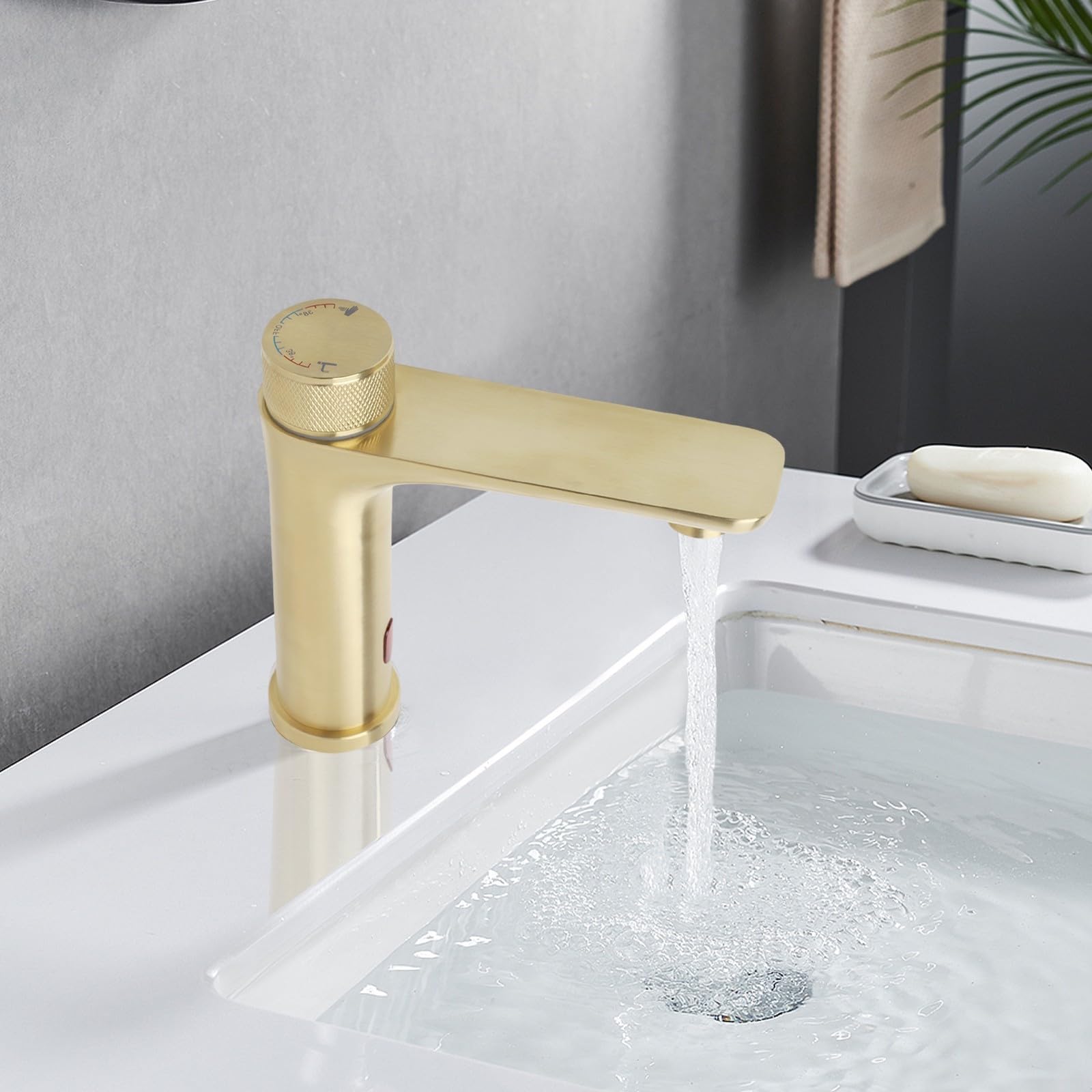 Robinet avec capteur infrarouge pour lavabo de salle de bain, robinet mitigeur sans contact avec bouton de température, pour salle de bain ou cuisine (doré)