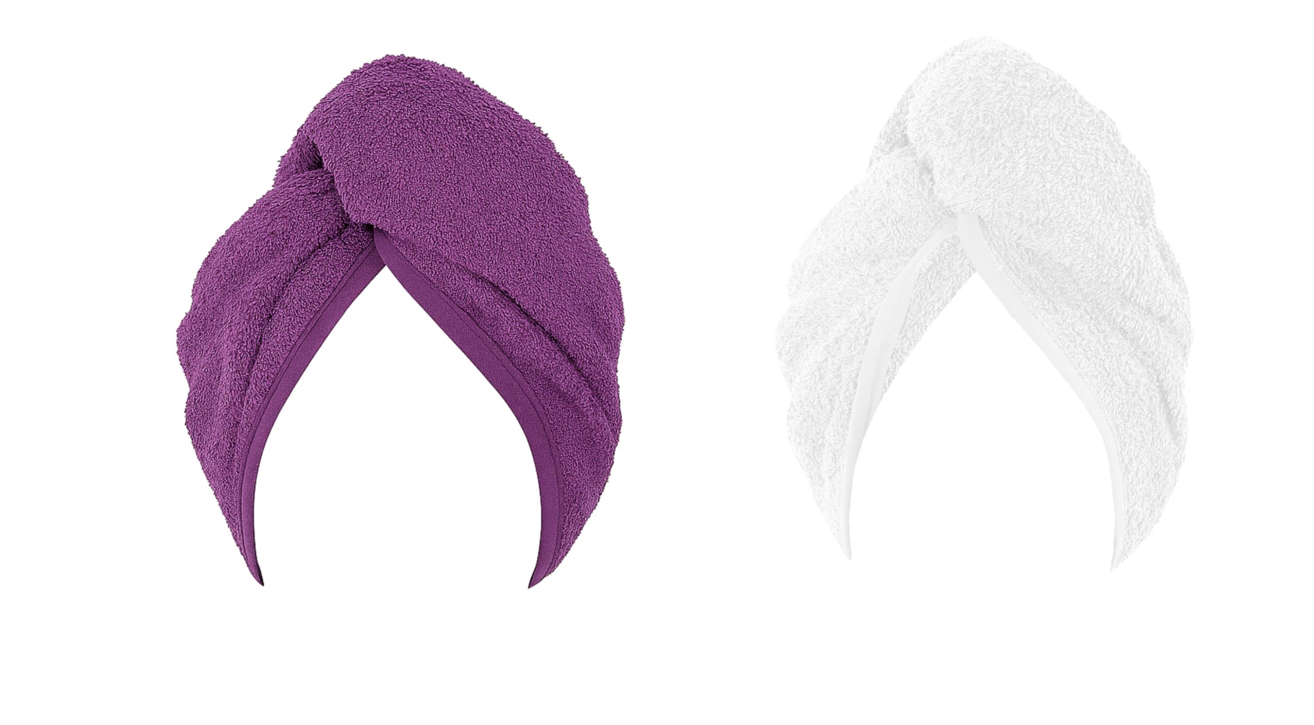 KAM LABELZ Pack of 2 Hair Drying Cotton Soft Terry Towel Turban| Quick Dry Hair Cap, Twist Wrap with Loop & Button|Spa Gym Fizz Free Long Hair Drying (1White & 1Purple)