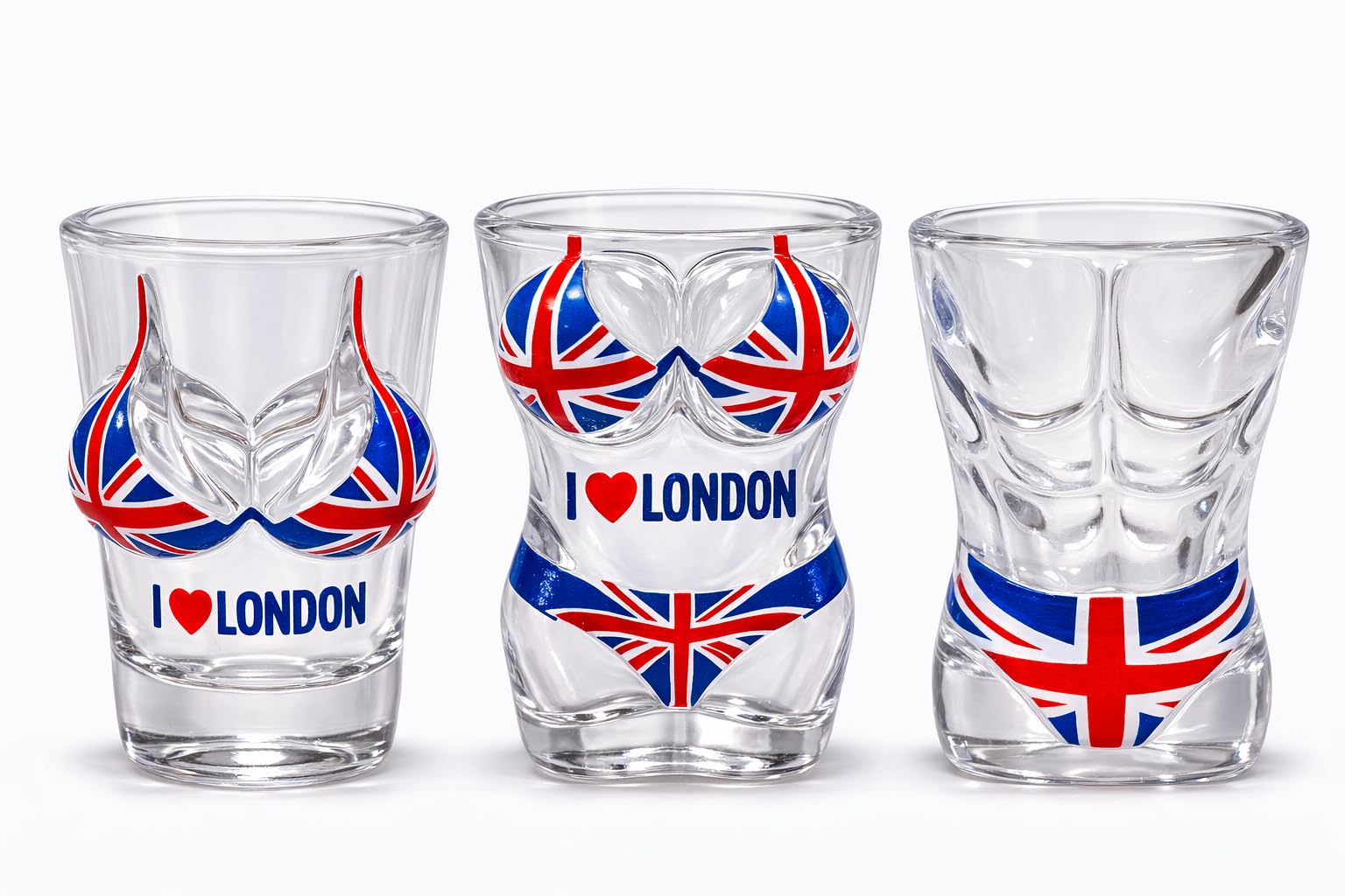 London Souvenir Shot Glass Set of 3 – 30ml Novelty Union Jack Body Design Glasses – I Love London Tourist Party Shooter Glass Collection (LDN 3 Set)