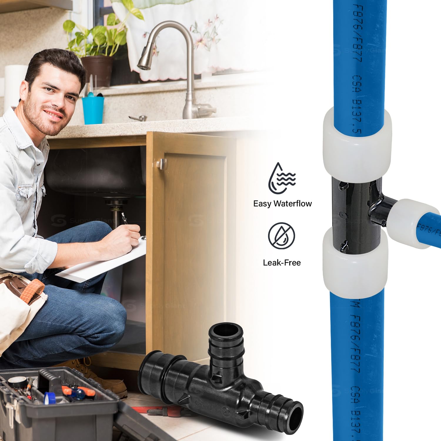 Supply Giant GQUF1033 PEX-A - Tubo reductor de plástico y aleación de polietileno, color negro