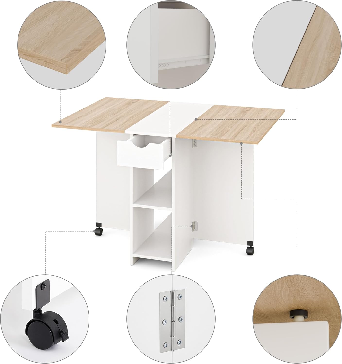 Folding Dining Table, Drop Leaf Table for Small Space with Drawer and Open Storage Shelves, Modern Rectangular Kitchen Dining Table, 47.2" L x 28.3" W (Oak & White)
