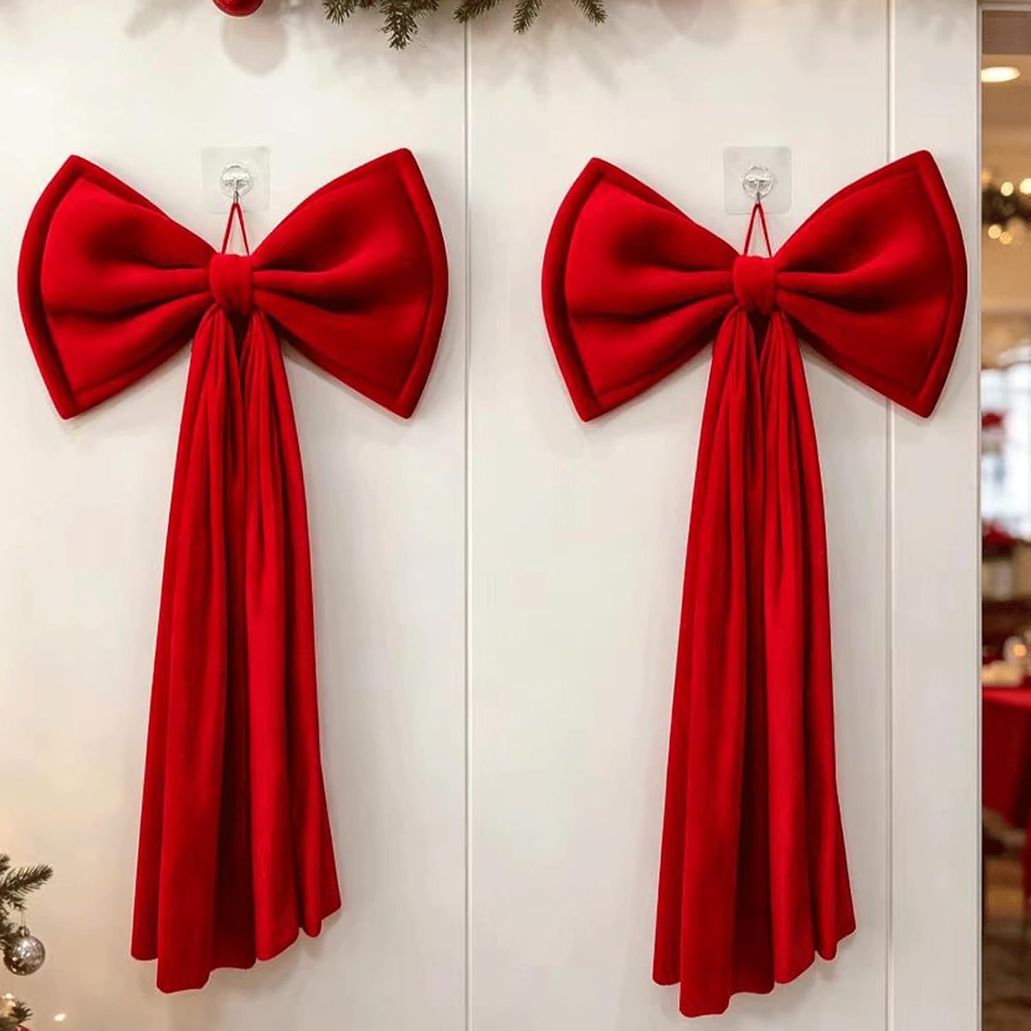 Oversized Red Velvet Bows 2Pcs 13.7x25.5 inch, Extra-Large Ultra-Thick Velvet Fabric for Wedding Arches, Christmas Tree Topper, Giant Wreaths, Gift Wrapping, Party Backdrops