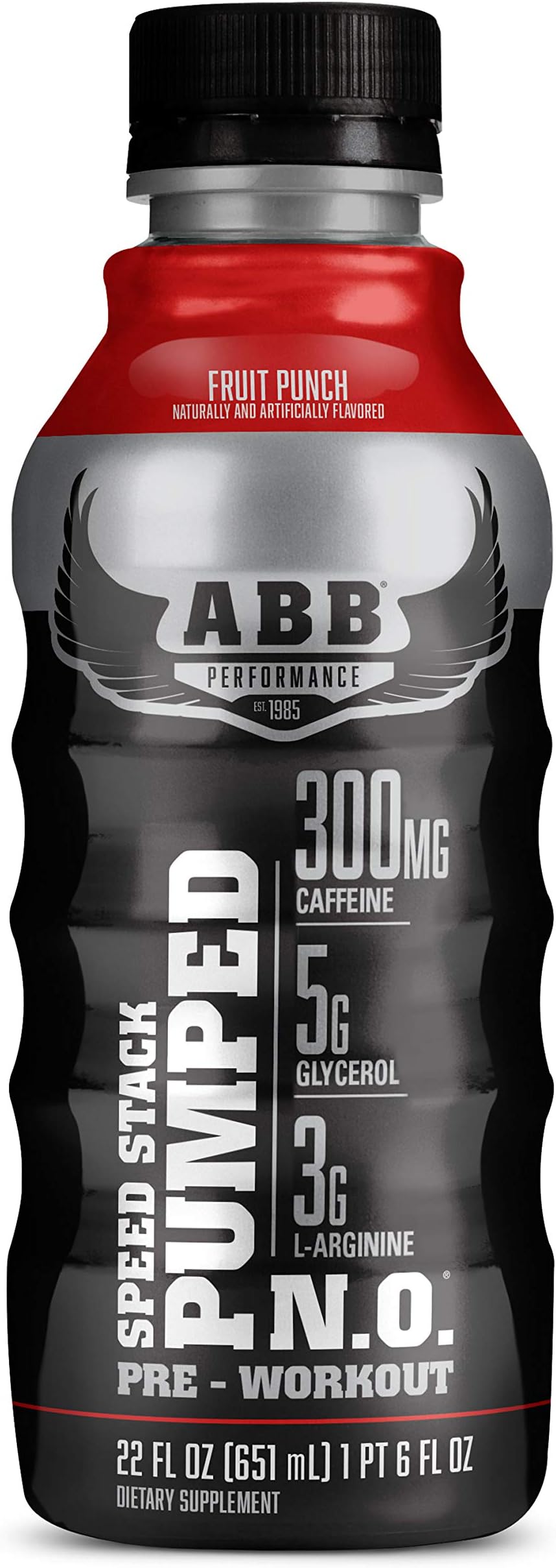 American Body Building (ABB) Speed Stack Pumped N.O, Pre-Workout Energy Shake, High Caffeine and Performance with Zero Sugar, Fruit Punch Flavored, Ready to Drink 22 oz Bottles, 12 Count