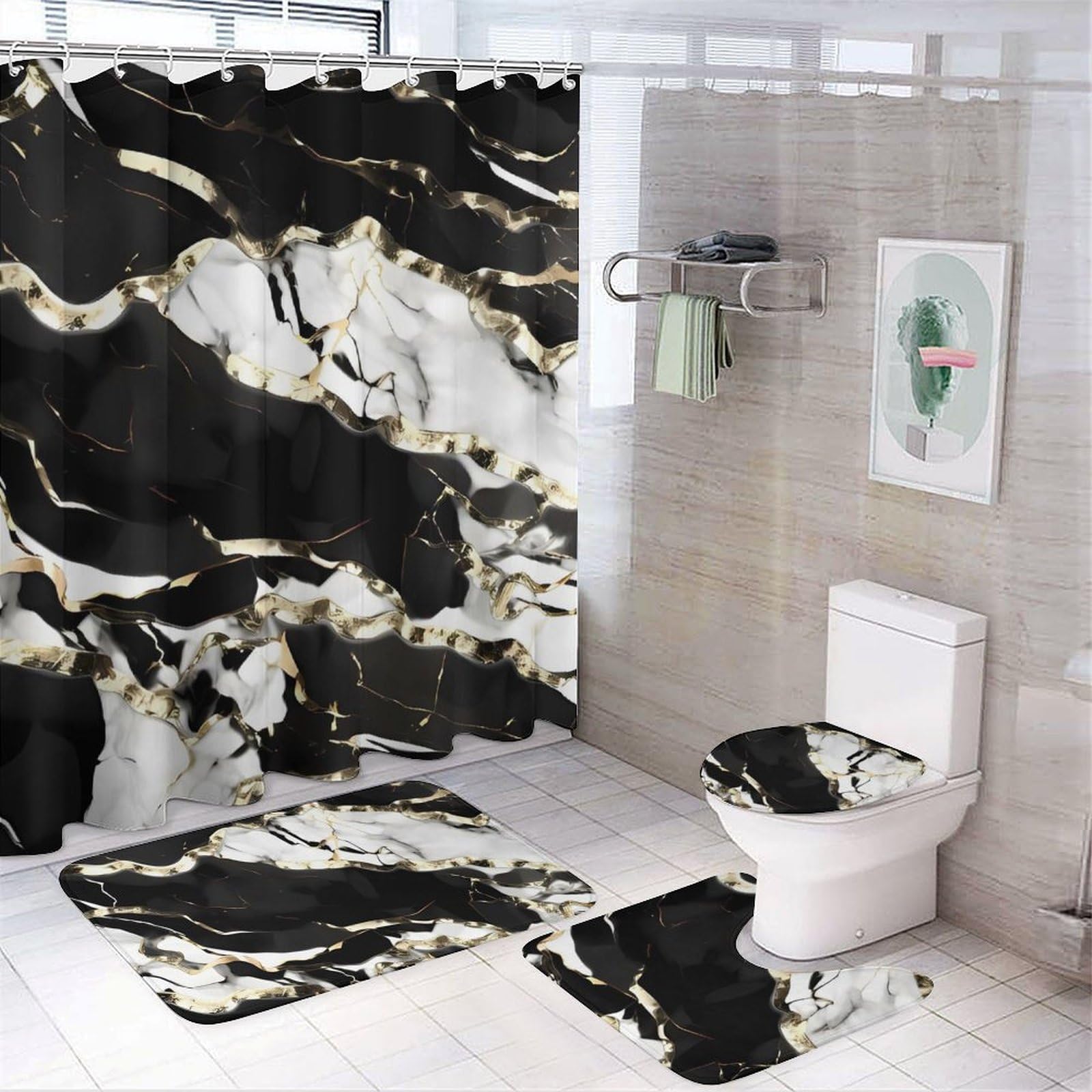 Ensemble rideau de douche marbre noir et blanc et tapis de bain 4 pièces