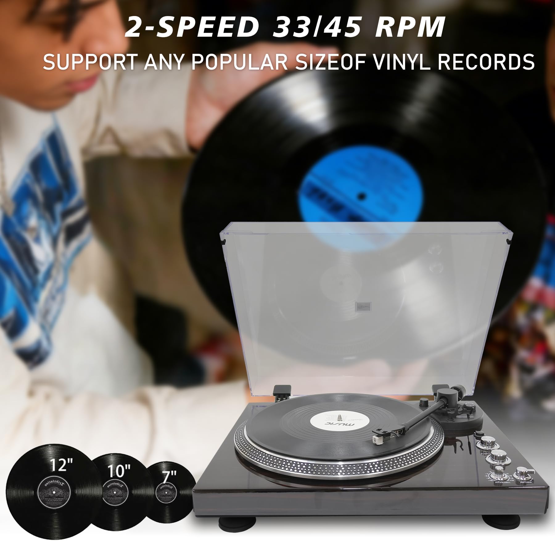 Giradischi con trasmissione a cinghia con giradischi con altoparlanti integrati per dischi in vinile, supporto vintage 33 e 45 giri/min, con cartuccia magnetica avanzata, per Natale o compleanno