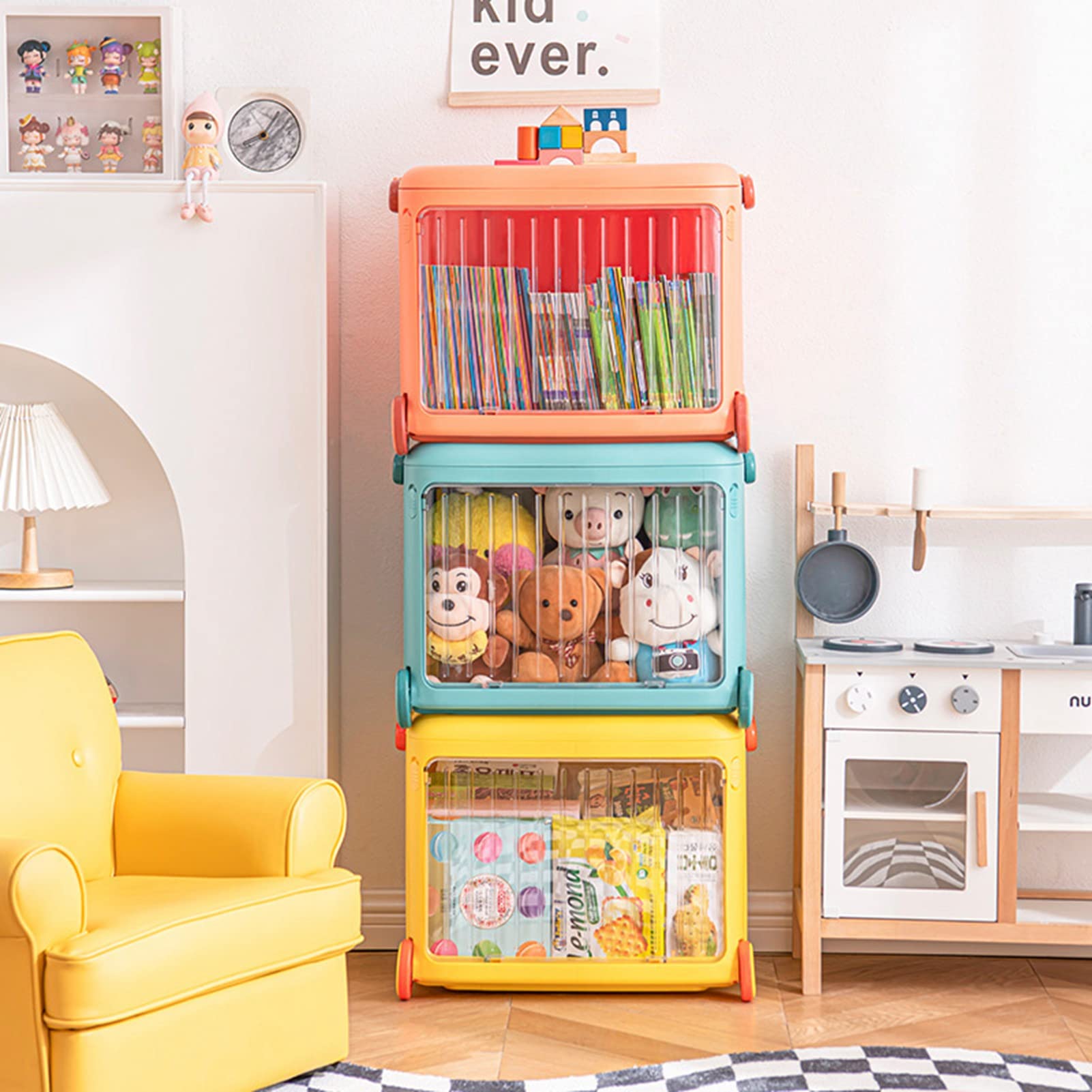 Fdit Contenitori Portaoggetti Pieghevoli e Impilabili per Bambini con Maniglia e Ruote, Organizzatori in Plastica Trasparente Visibile per Giocattoli, Libri, Snack (BLUE)