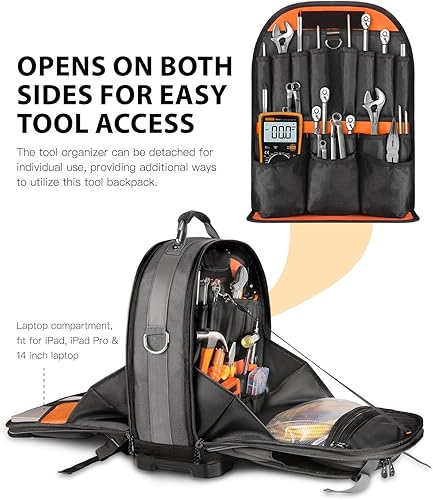 Miniatura 3 de Mochila de herramientas con compartimento para laptop, bolsa de herramientas completamente abierta, bolsas de herramientas Hvac, mochila de trabajo