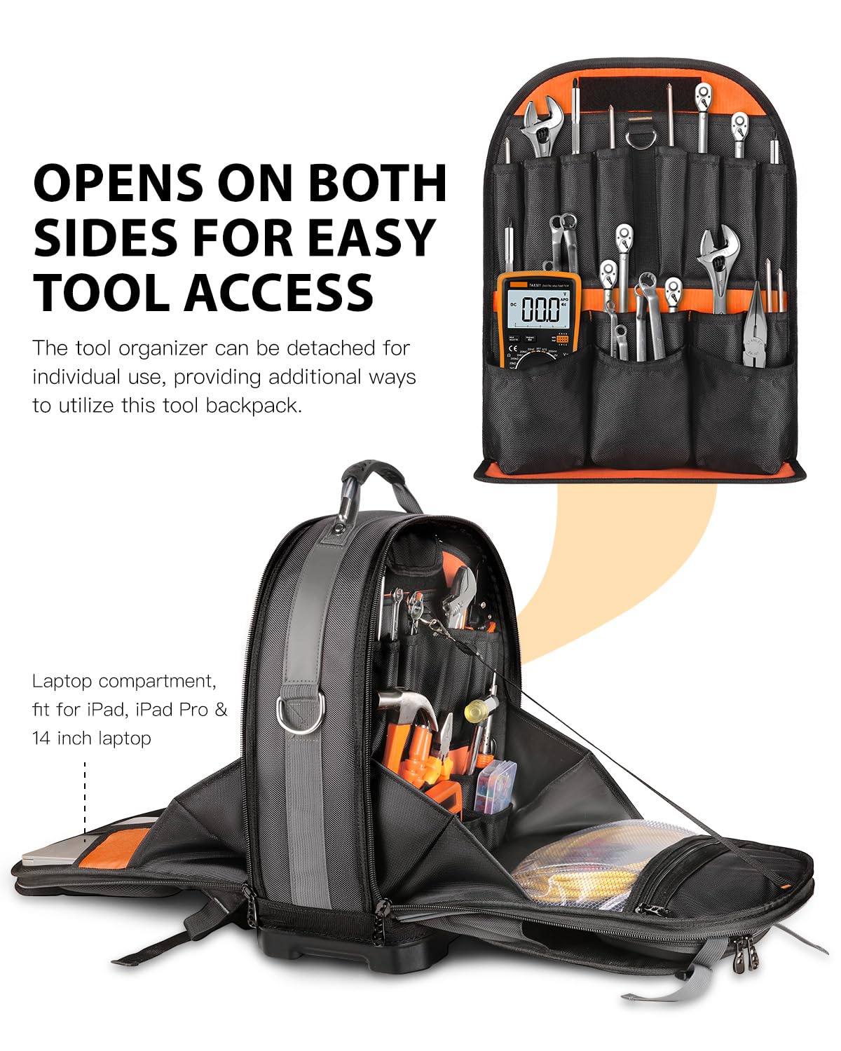 FUZVOL Heavy Duty Tool Backpack, 18-Inch Hard Shell Electrician Tool Bag, Full-Open Work Bag with Molded Base, Removable Tool Organizer, Laptop Compartment, HVAC Construction Backpack for Men, Grey
