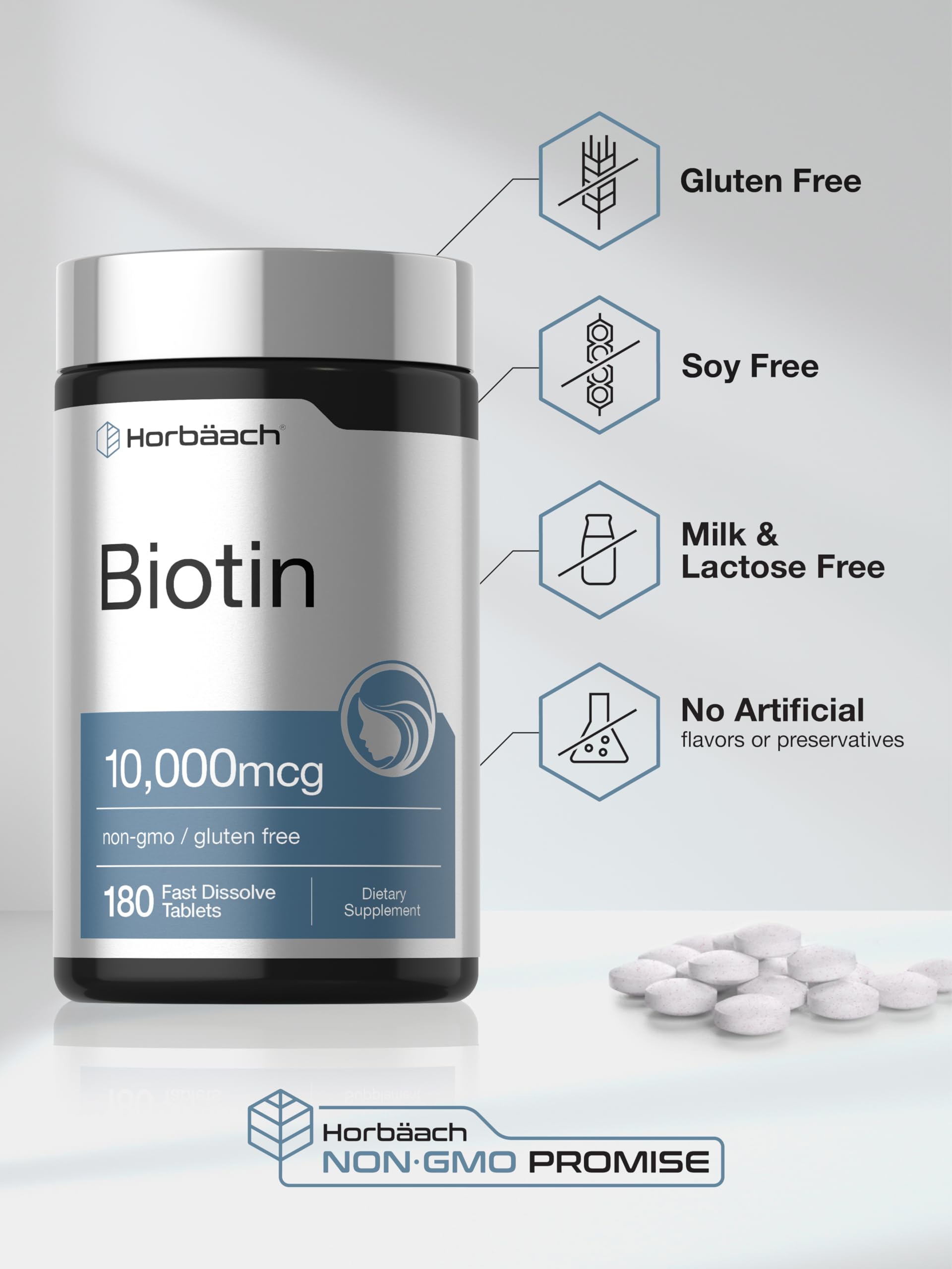 Horbäach Biotin 10000mcg | 180 Fast Dissolve Tablets | for Women & Men | Beauty Supplement | Vegetarian, Non-GMO, Gluten Free — Amazon image 5