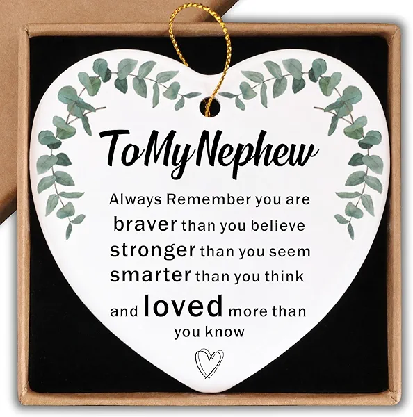Nephew Gifts Ceramic Ornament Keepsake Sign Heart Plaque Heartwarming Nephew Gifts from Auntie Uncle Happy Birthday Nephew Gift Birthday Christmas Wedding Graduation Gifts for Nephew