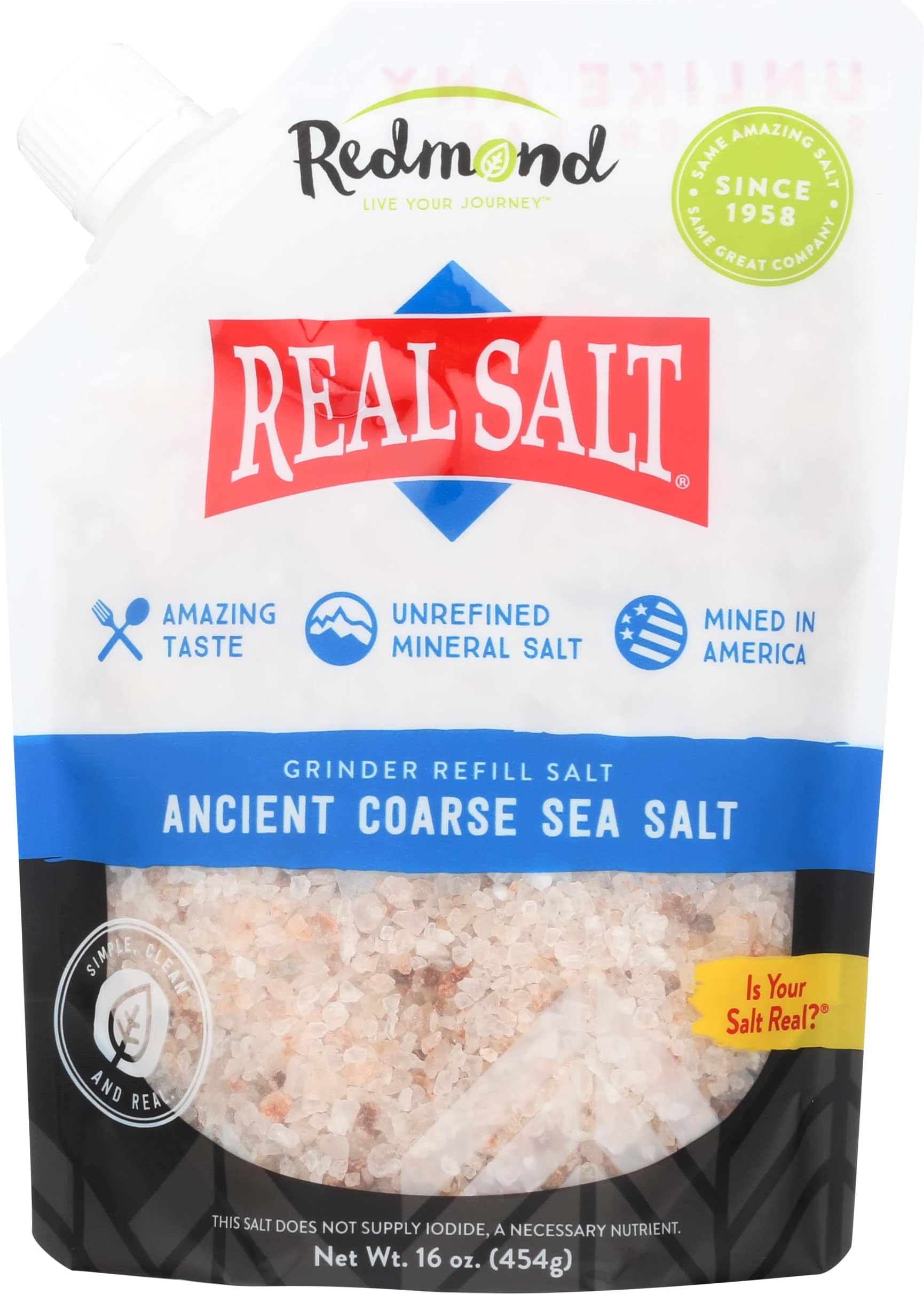 Real Salt, Nature's First Sea Salt, Coarse Salt, 16 Ounce Pouch (6 Pack)