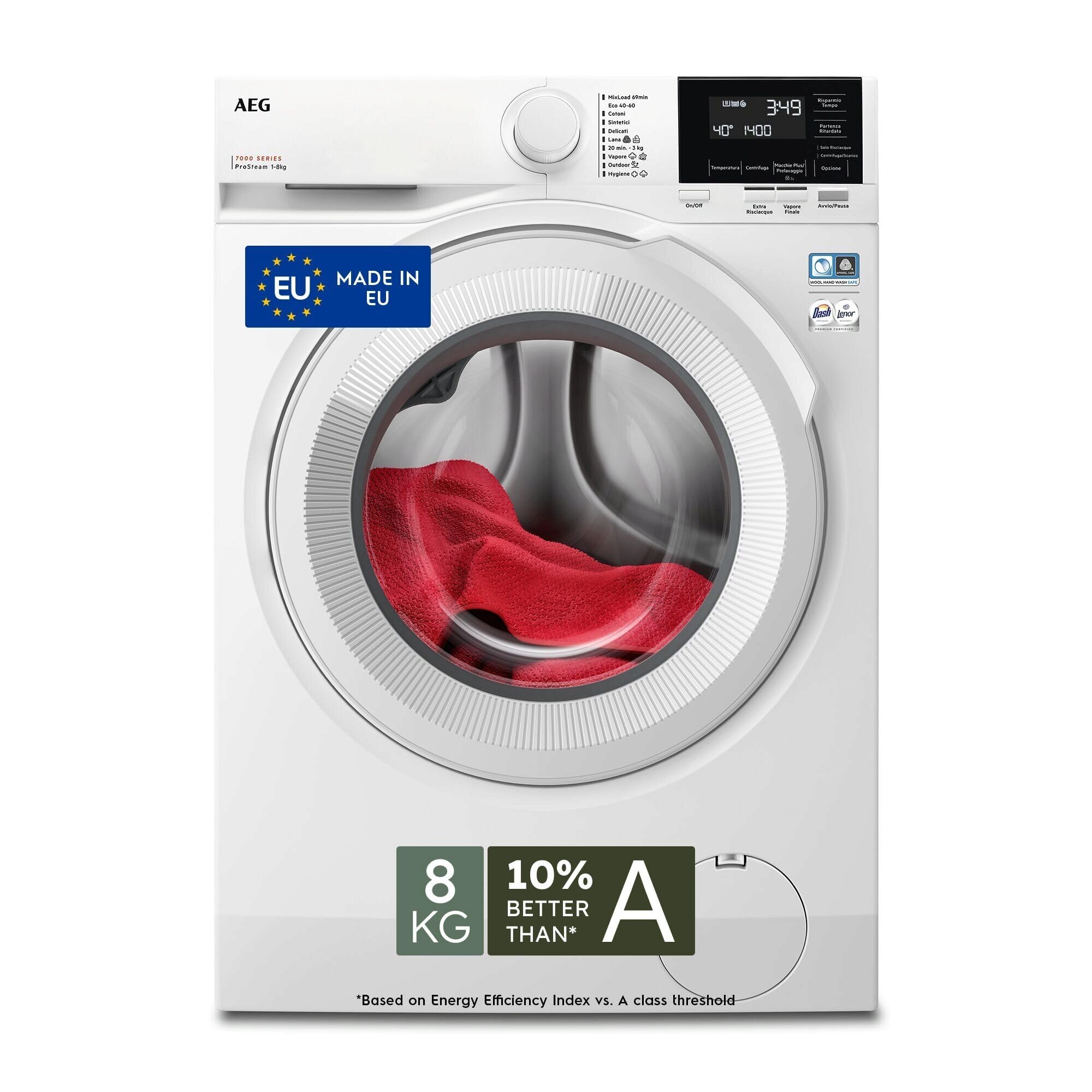 AEG Serie 7000 Lavatrice a Carica Frontale 8 kg, LR7G84BW, Classe A con Precise Wash & Cesto Care Drum, 847x596x572 mm, Bianco