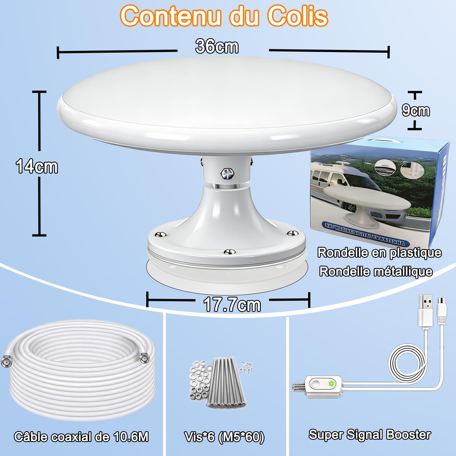 Antenne TV Exterieure/Intérieur Puissante HD 4K, Réception Omnidirectionnelle 360° Antenne TNT Exterieur, pour Camping Car, Caravane, Fourgon, Van, Camion, Bateau-35 FT Câble Coaxial﻿ (Pure White)