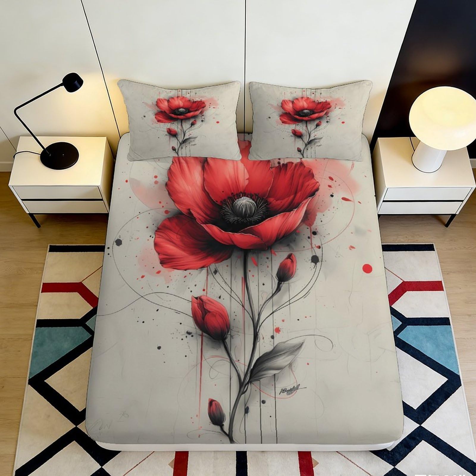 3D Printed Poppy Fitted Sheet Microfiber Deep Pocket Bedroom Bedding Elastic Hem Poppy Mattress Fitted Cover Washable for Adults 180x200x25cm
