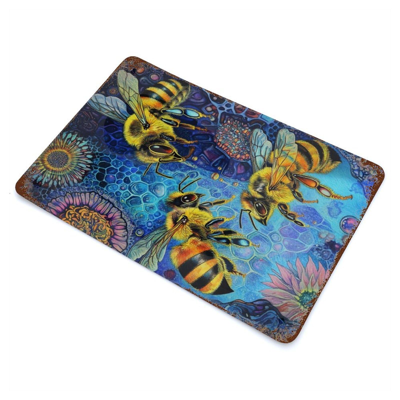 Aged Metal Wall Plaque with Bees in A Cosmic Garden Design 11.8"x7.9", for Basement, Hobby Room And Garage Decor, Farmhouse Wall Decor