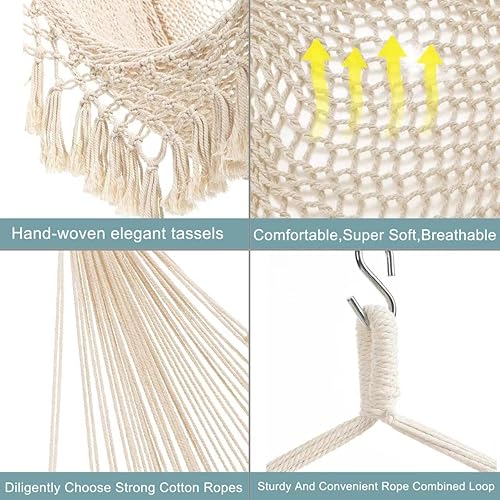Miniatura 5 de Silla hamaca, máximo 330 libras, silla colgante grande, silla columpio de cuerda de algodón suave con varilla de metal de alta carga, para