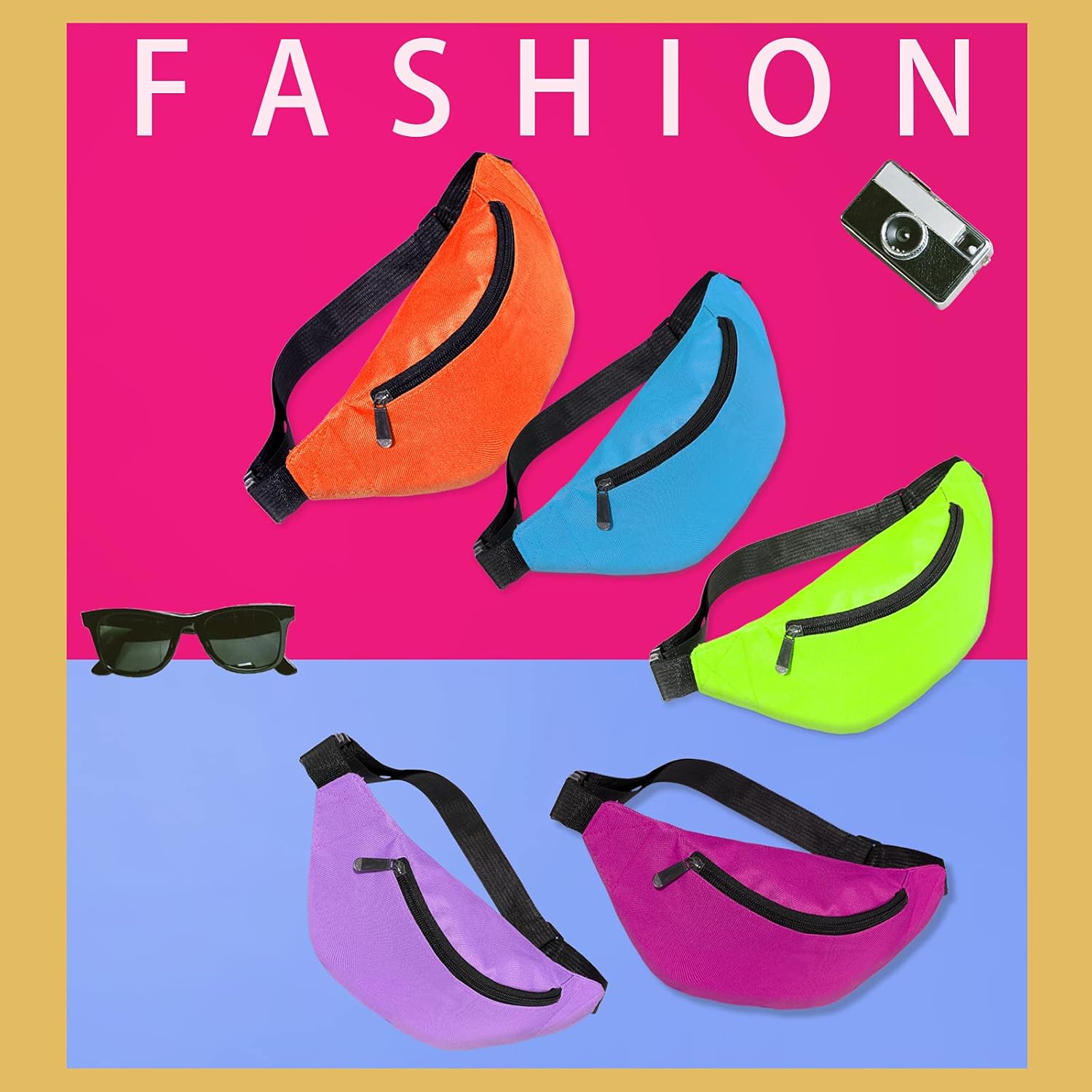 Frienda 9 Pieces 80s 90s Fanny Pack Holographic Neon Fanny Packs, Waist Packs Gift for Enjoy Sports Festival Camping Waistbag(Neon Style)