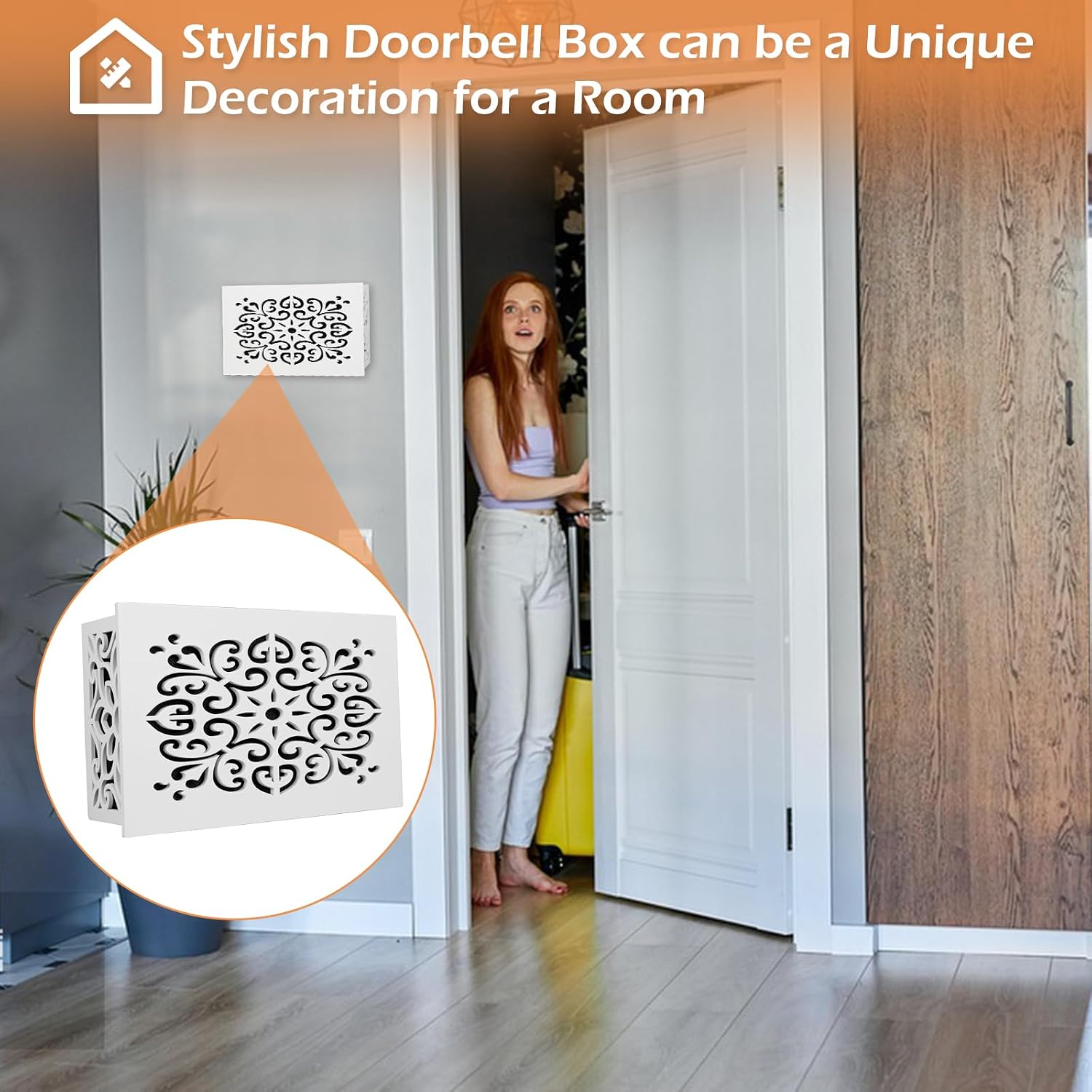 Doorbell Chime Cover Box Only, Wood Doorbell Cover Inside Decorative Door Bell Chime Box Covering White Door Bell Cover for Indoor/Outdoor Home Wall (Type 1 White)