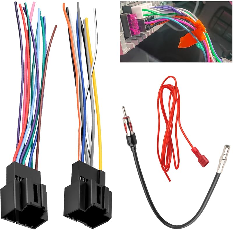 Arnés de cableado de radio, kit de arneses de cableado de audio y vídeo para auto Plug and Play compatible con Cadillac GMC Chevrolet, arnés de cableado estéreo con adaptador de antena y cable de encendido