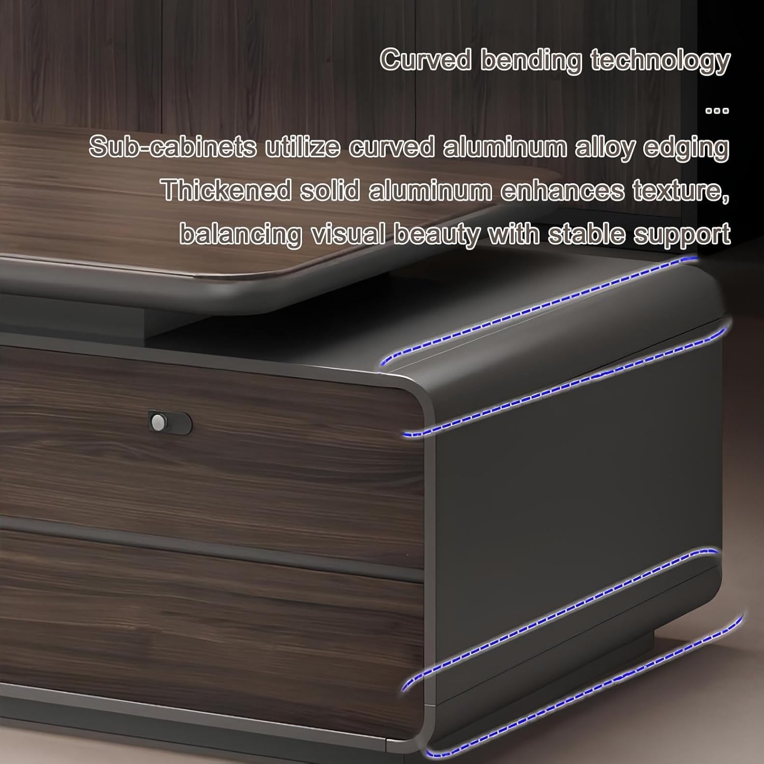 Scrivania direzionale moderna a forma di L con cassetti, superficie curva in lega di alluminio, tavolo da ufficio per casa e ufficio, configurazione destra, lunghezza 200 cm
