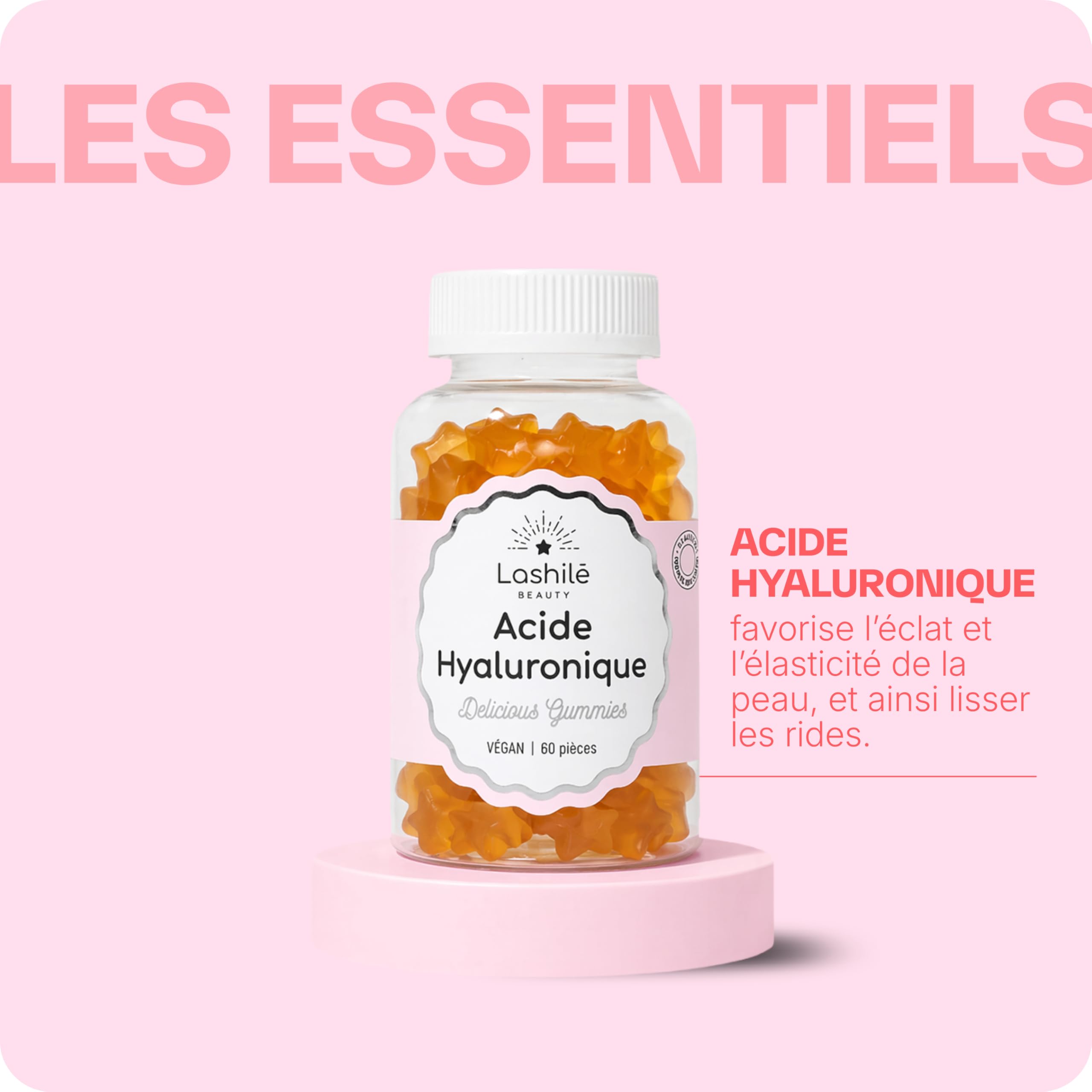 Lashilé Beauty - Complément Alimentaire - Favoriser l'éclat et l'élasticité de la peau - Mono Ingredient - Acide Hyaluronique - Made in France - Cure 3 Mois 180 Gummies