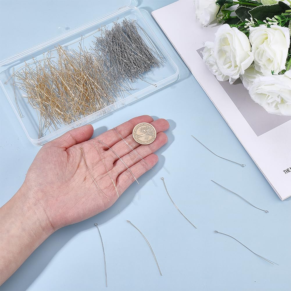 400Pcs Real 18K Gold Plated Open Head Pins 304 Stainless Steel Eye Pins 70mm Long Golden Silver Wire Eyepins Flat Eye Pins for Necklaces Bracelets Earrings Jewelry Making DIY Crafts