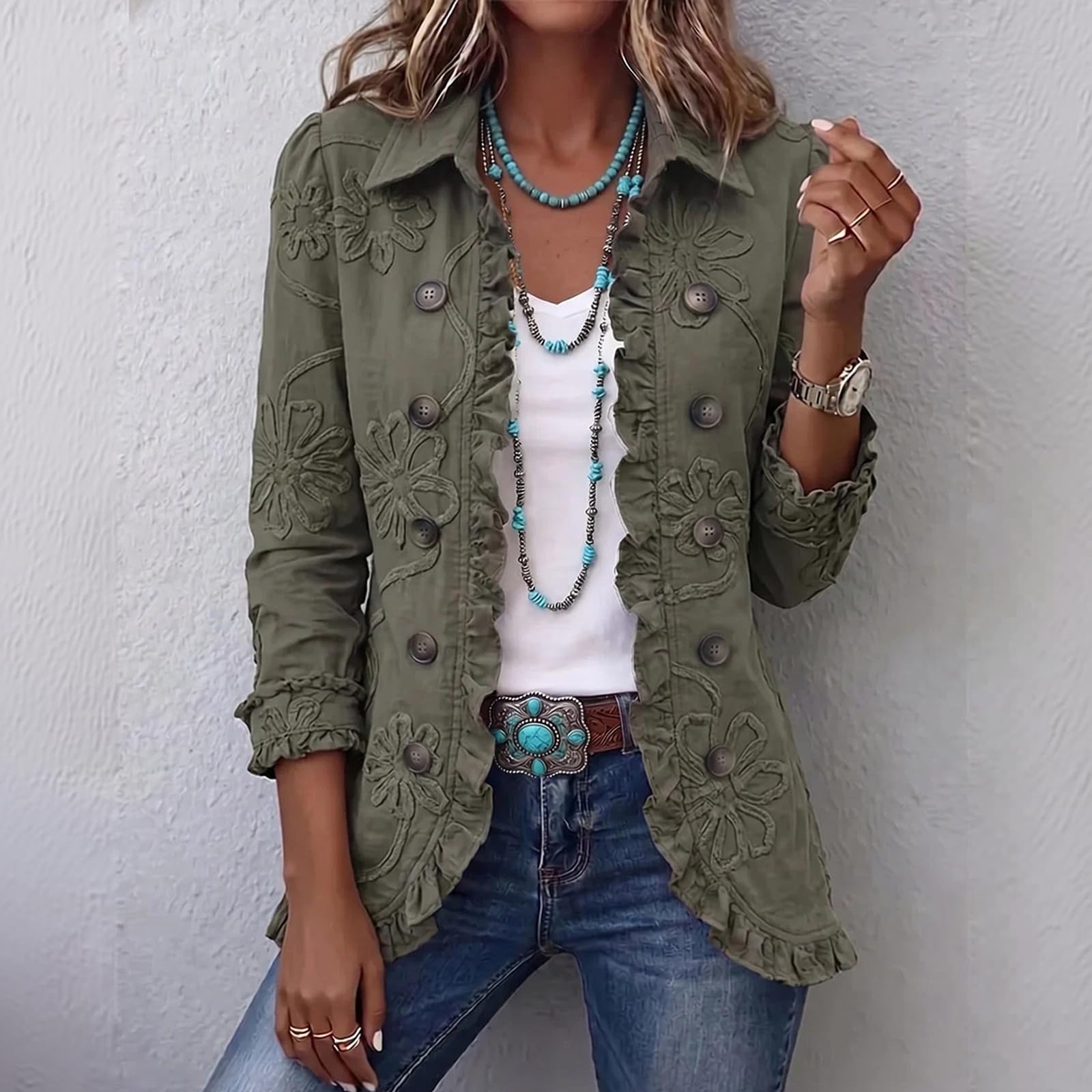 Damen-Mäntel Elegant Jacke Rüschen Hemdjacke Blumen Damenjacke Dressy