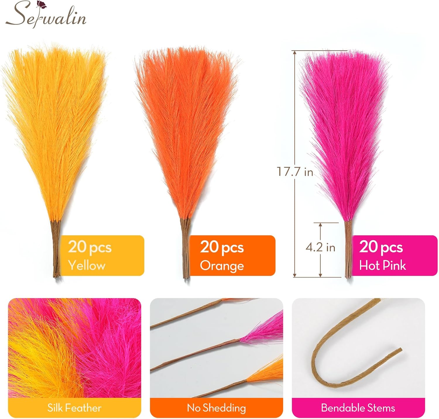 Serwalin 60PCS Pampas Grass Home Decor, 17.7Inch Hot Pink＆Orange＆Yellow Faux Pampas Grass Bulk Vase Filler Flower Arrangement for Home Wedding Decor
