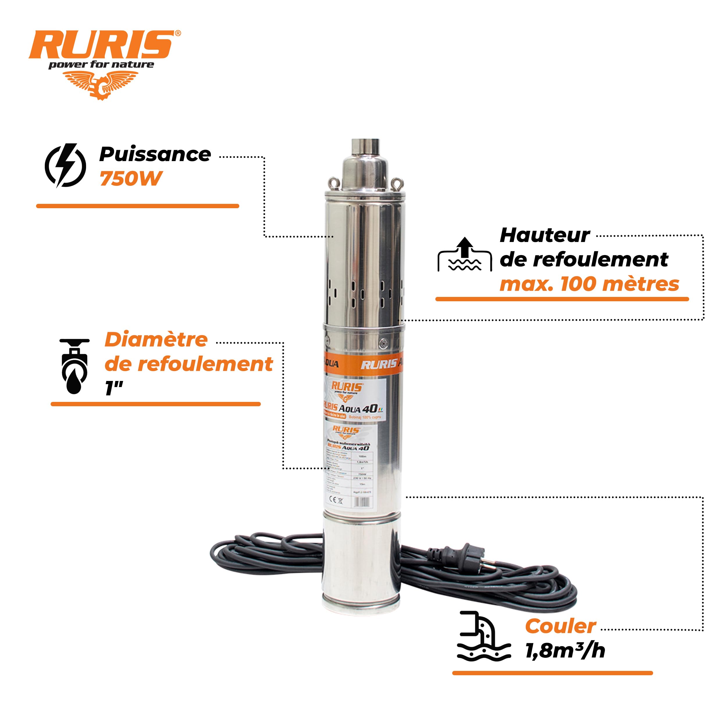 RURIS POWER FOR NATURE Pompe Submersible Aqua 40 750W Débit 1880L/H Hauteur Max 100M Câble 15M Raccord 1 Pouce Eau Propre Idéale Pour Jardin Irrigation Puits
