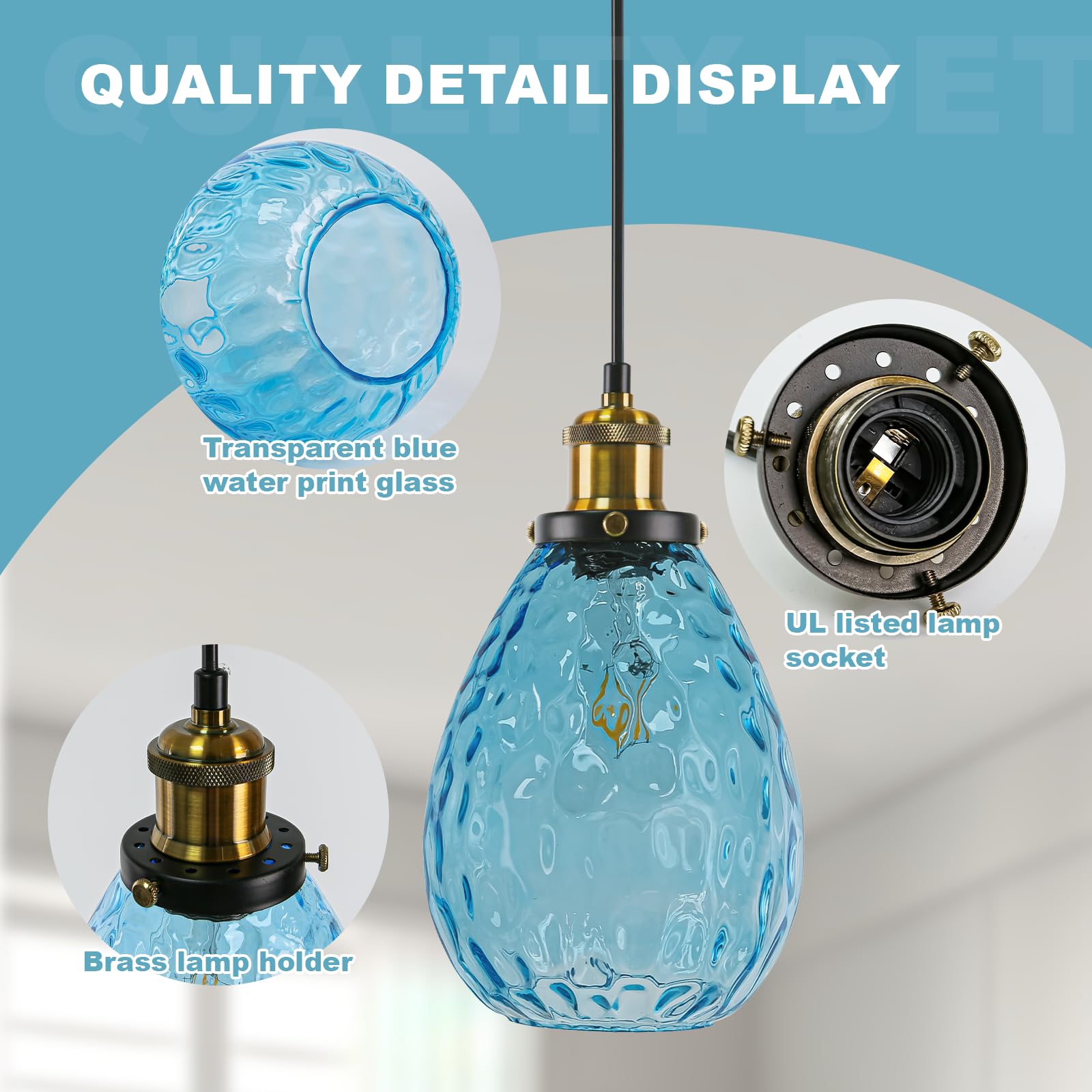 Plug-in Green Glass Pendant Light - 14.75Ft Cord, Brass Finish, Mid Century Modern Hanging Lamp - View #7