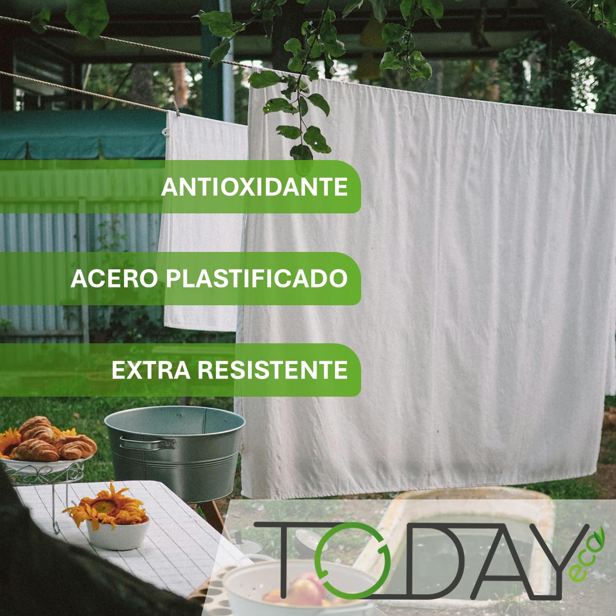 TODAY - Cuerda tendedero de Exterior 20 m con núcleo de Acero Inoxidable – Extremadamente Resistente y recubierta de PVC Protector, Ideal para Espacios Exteriores