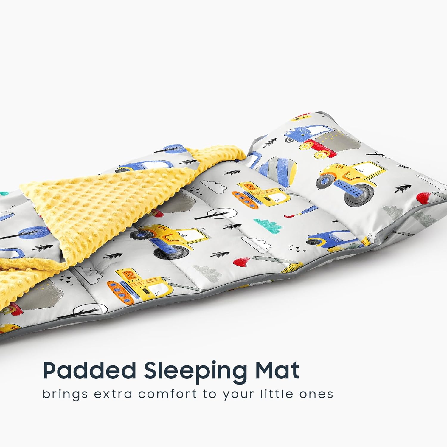 Wake In Cloud - Toddler Nap Mat with Pillow and Minky Fleece Blanket, for Kids Boys Ages 3 Plus in Daycare Preschool, Roll Up Sleeping Bag, Excavator Construction Car