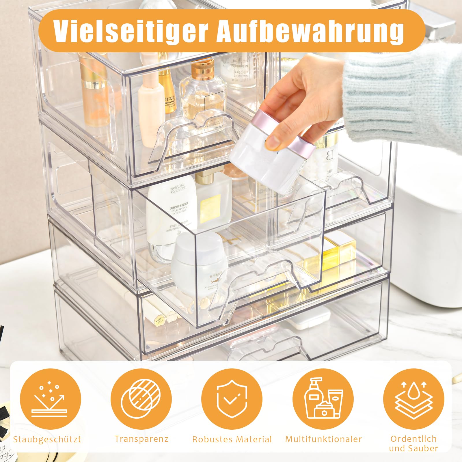 Stebopum 4 Pack Stapelbare Schubladenbox Kosmetik Organizer Schublade Acryl Transparent Schminktisch Organizer für Schublade Badezimmer Aufbewahrung und Organisation(4Pack combination)