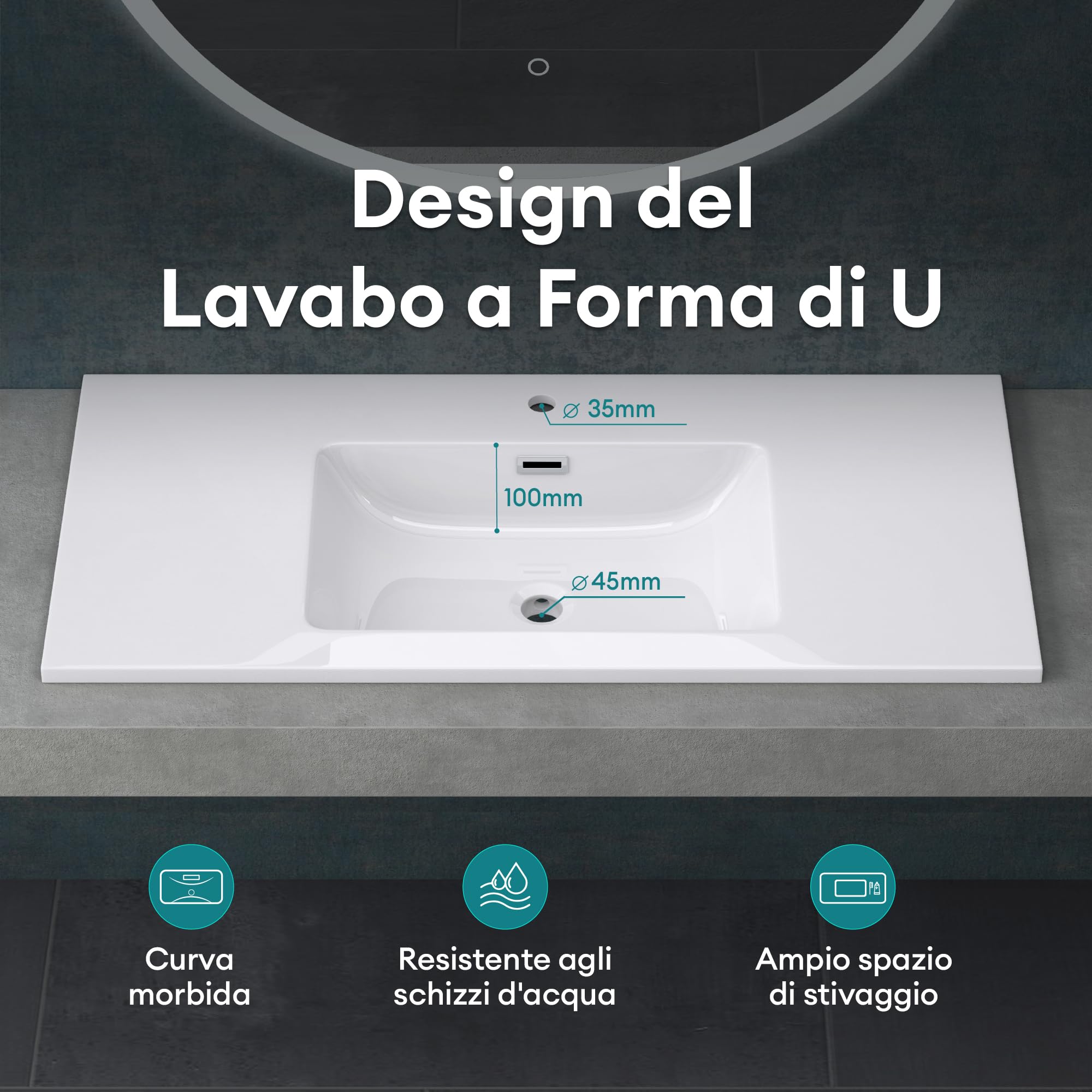 Mai & Mai Lavabo Incasso in Minerale Fuso 100x48x12cm, Colossum02-1000