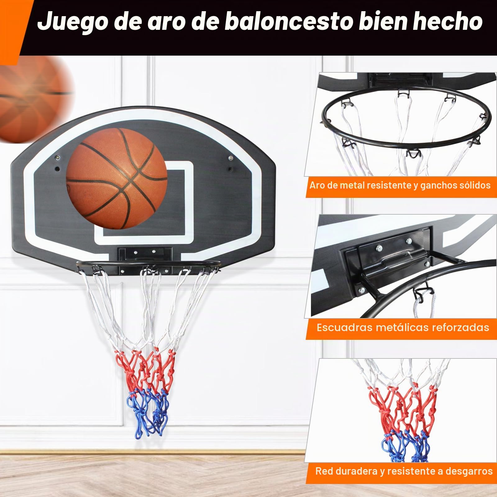 Aro de baloncesto montado en la pared, tablero grande de 28.5 x 18 pulgadas, tablero de polietileno a prueba de roturas, red para todo tipo de clima, juego de baloncesto montado en pared y