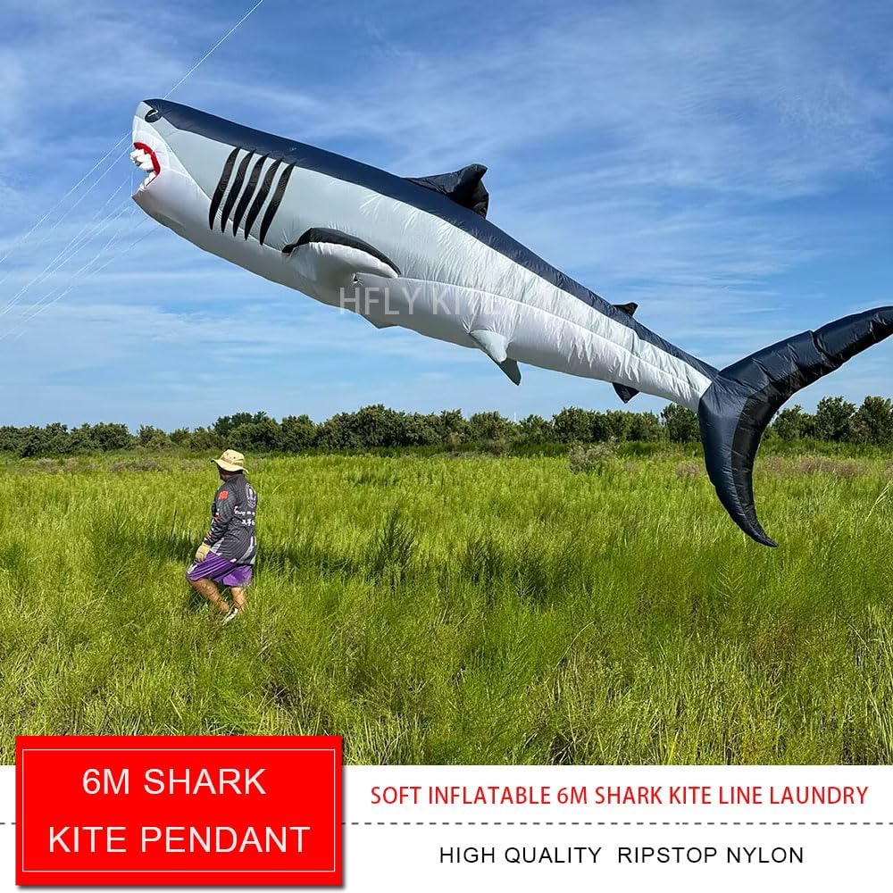 Inflatable Shark Kite Line Laundry, Navy Blue Nylon, 6m, Sport Theme, Adult Use, Ripstop Material, Foldable Design