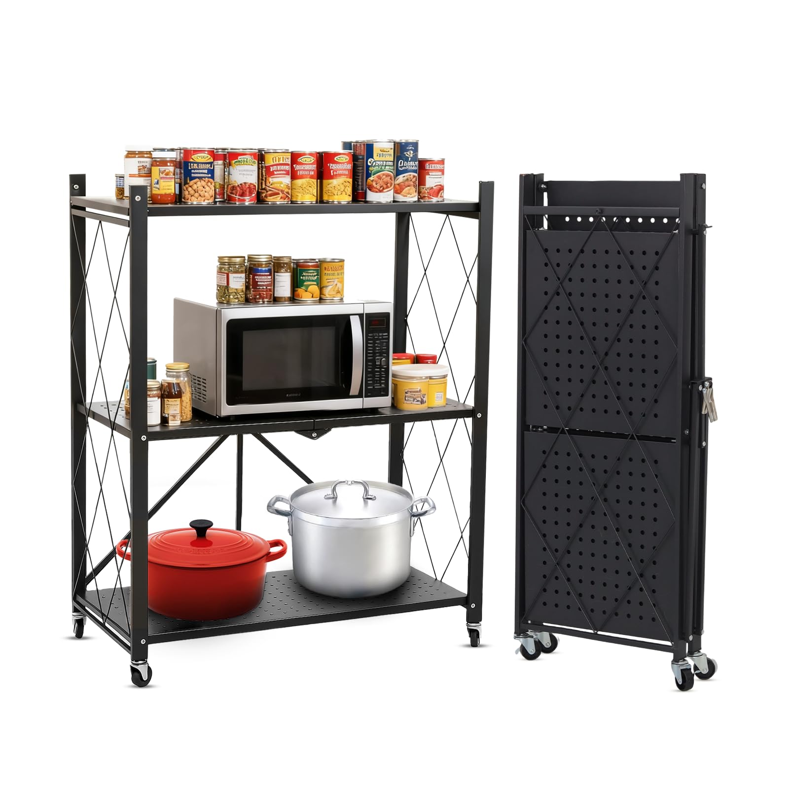3 Tier Foldable Storage Shelf with Wheels, Heavy Duty Collapsible Metal Shelf Rack Folding Bookshelf, No Assembly Rolling Cart for Kitchen, Pantry, Closet, Office, Bathroom, Garage Organizer, Black