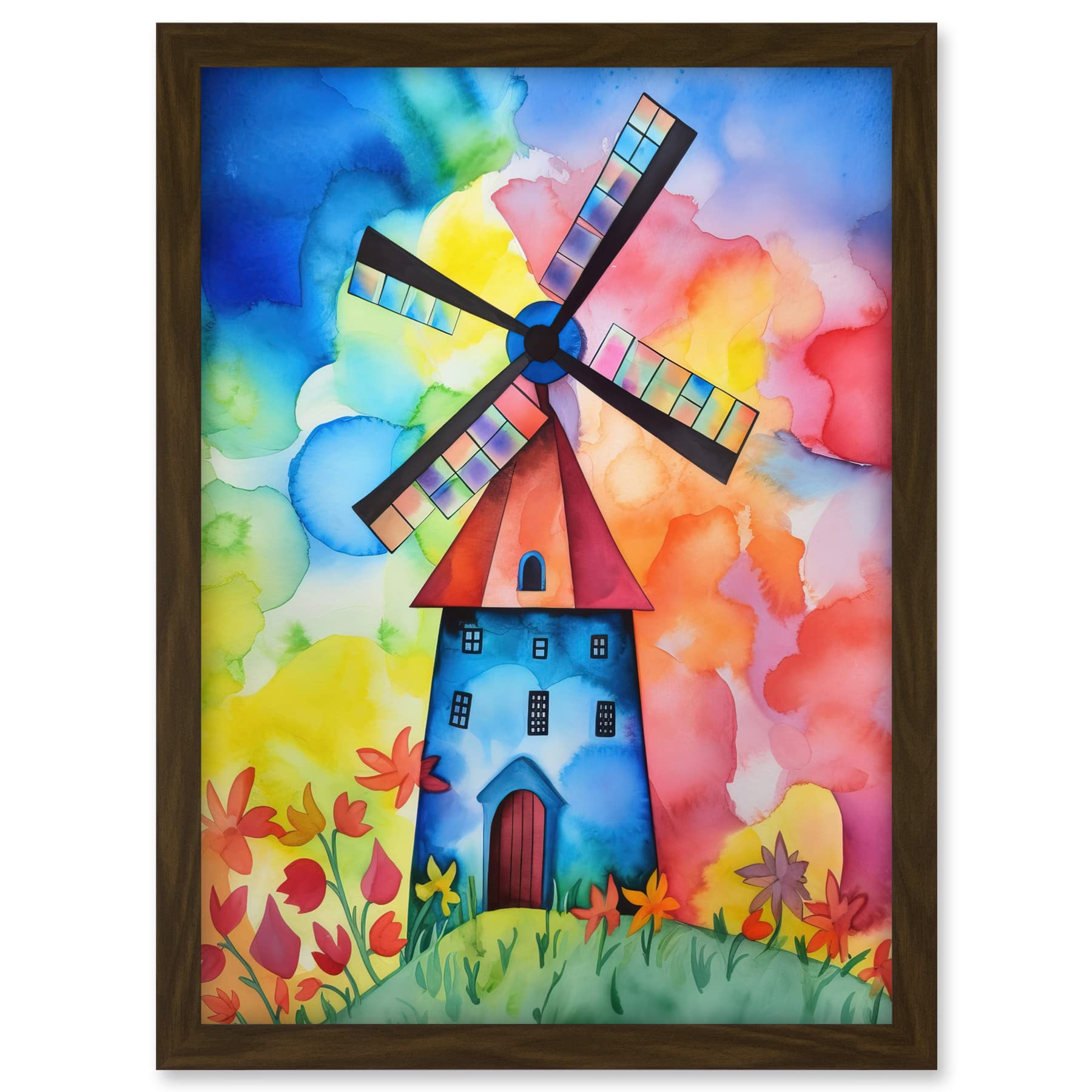 Artery8 Watercolour Windmill Netherlands Folk Art Artwork Framed A3 Wall Art Print