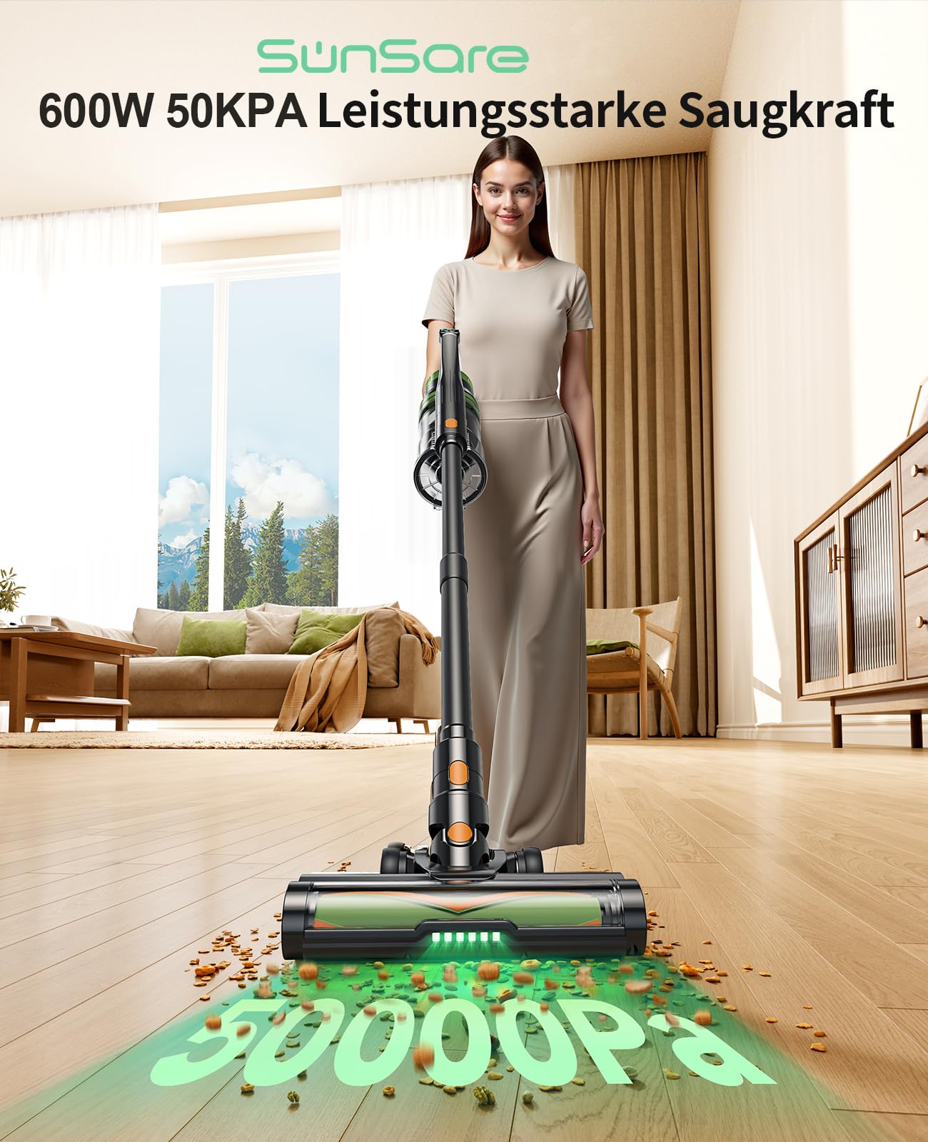 SunSare Akku Staubsauger Kabellos 600W/50000Pa/65Min, Akkustaubsauger mit HD Display, Aromatherapie，Anti Haar Wrap，Ultraleise kabelloser Staubsauger für Tierhaare/Teppiche/Hartböden/Auto