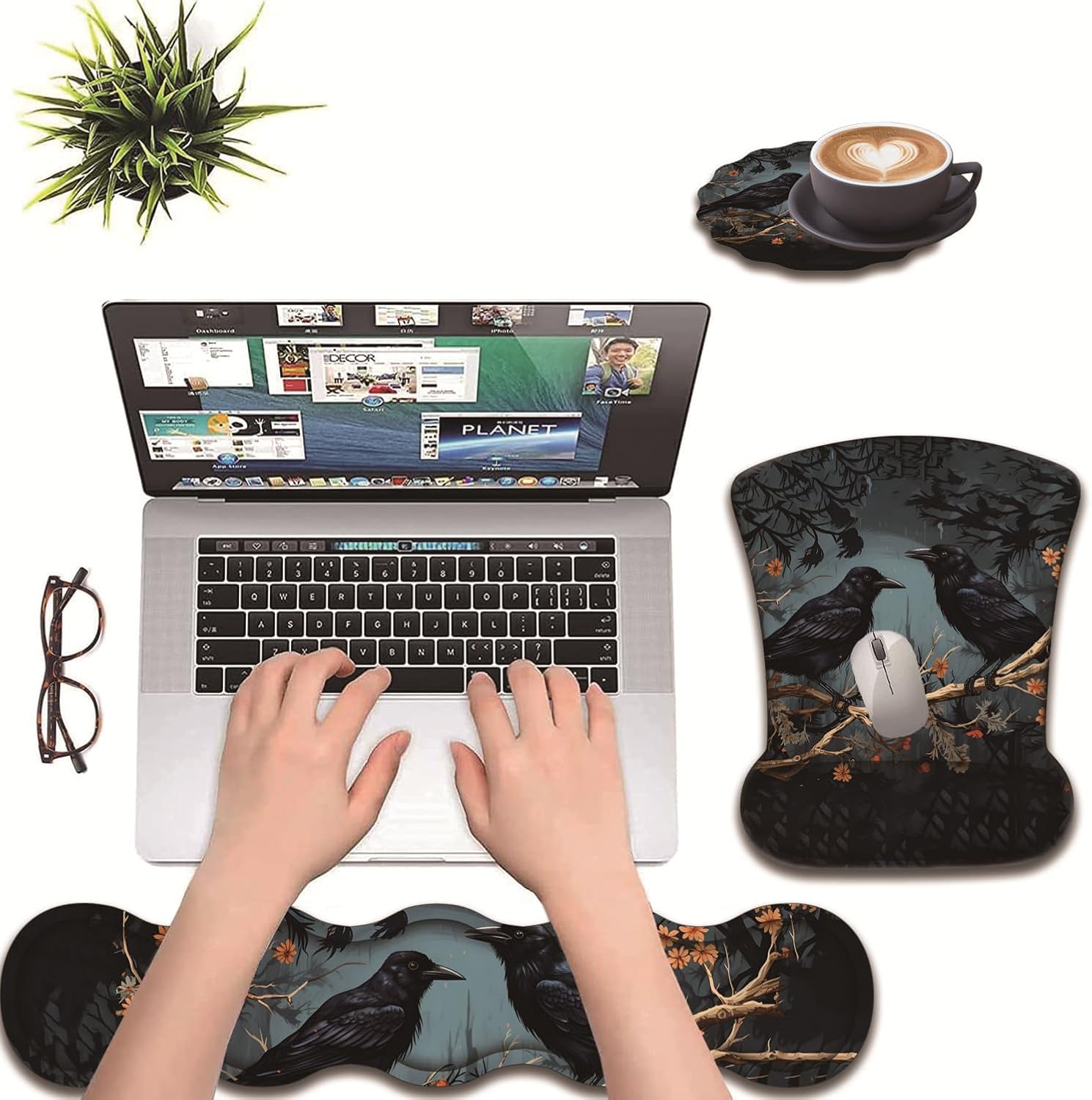 3 in 1 Keyboard Wrist Rest + Mouse Pad and Coaster, Ergonomic Gel Mouse Pad and Keyboard Pad Set, Comfortable Lightweight for Easy Typing Pain Relie, Branch Crow