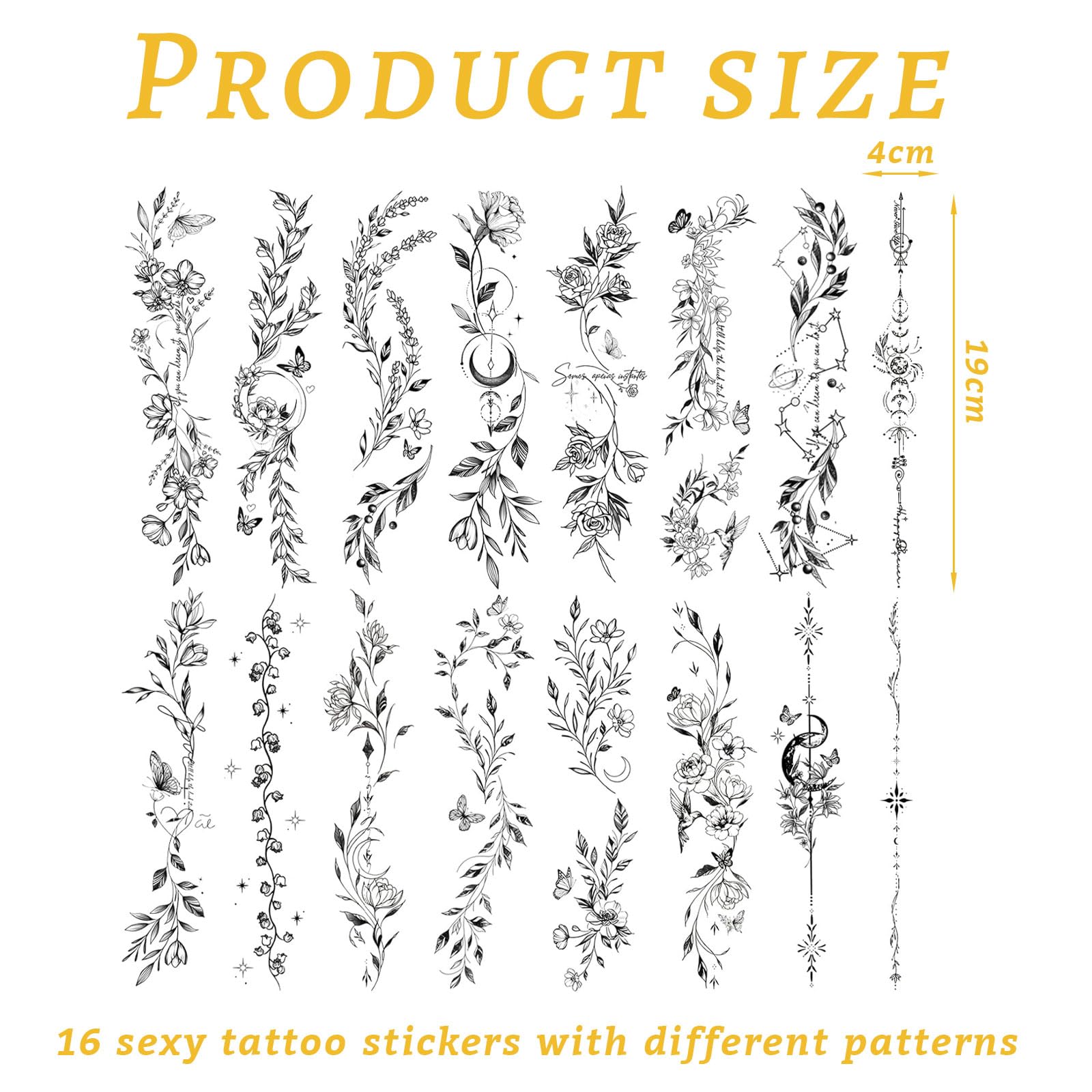 VelvetGlow Flower Temporary Tattoos for Women Girls 16 Sheets Black Flower Leaf Wild Plants Sketch Tattoo Stickers - Image 2