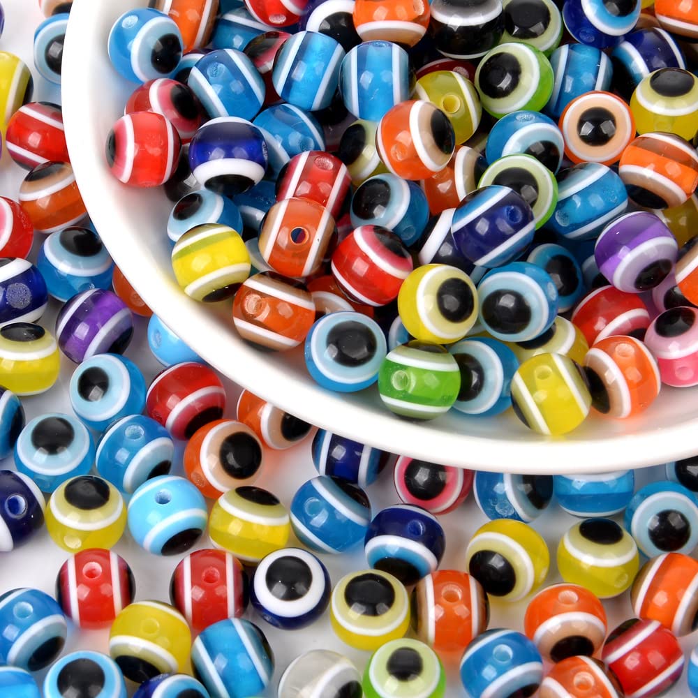 200pcs Sphere Round Evil Eye Beads Handmade Resin Lampwork Beads 8mm Charms Spacer Beads with Elastic Rope for Bracelets Necklace Jewelry Craft Making (Sphere Round Multicolor)