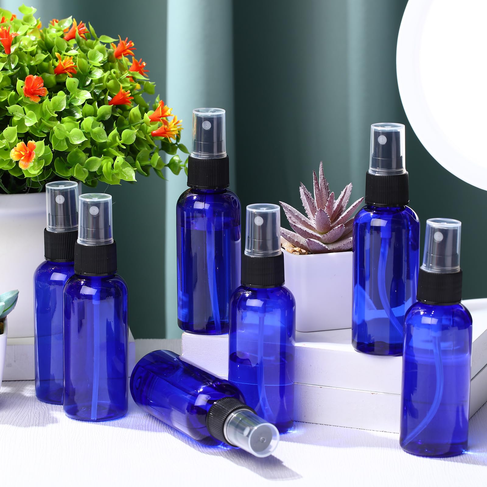 Zhehao 200 flaconi spray in plastica da 56,7 g, vuoti, per capelli, da viaggio, ricaricabili, con tappi a pompa a coste, per oli essenziali, profumi, cura della pelle, pulizia (blu)