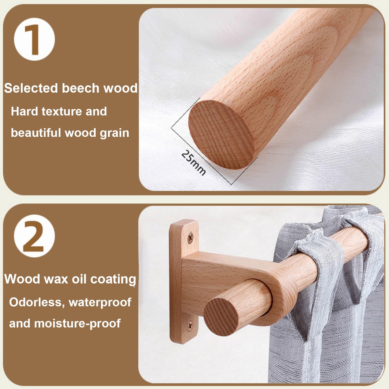 Naturel Tringle Rideau Bois, Tringle Rideau, Diamètre 25 mm, Hêtre Barre de Rideau, Facile à Installer Tringle à Rideaux pour Installation Murale et Plafond(Natural,360cm (3 brackets))